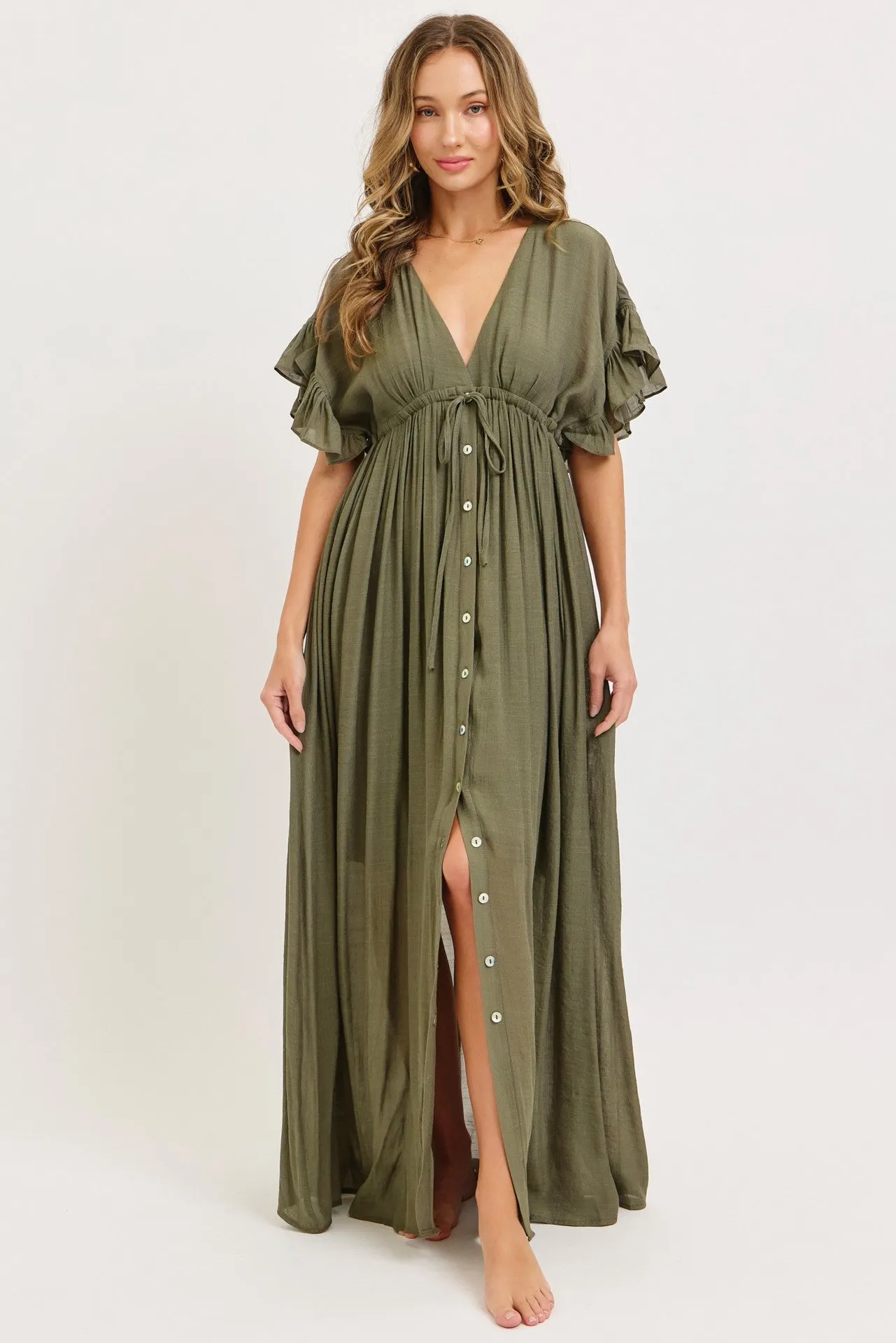 Olive Button Down Deep V-Neck Maxi Dress sold by Pinkblush product image thumbnail 2