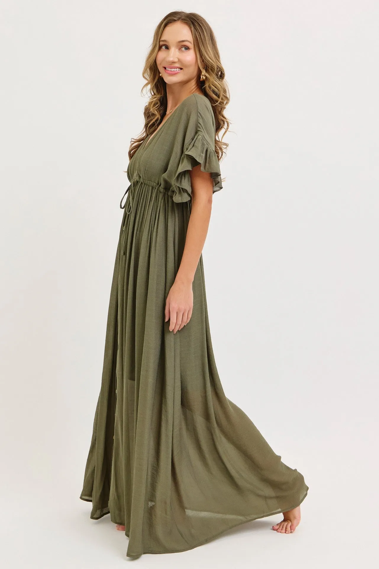 Olive Button Down Deep V-Neck Maxi Dress sold by Pinkblush product image thumbnail 3