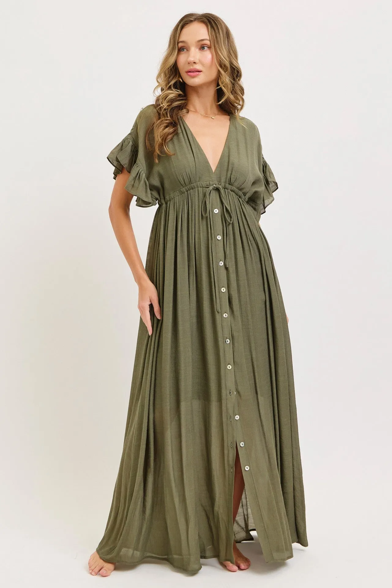 Olive Button Down Deep V-Neck Maxi Dress sold by Pinkblush