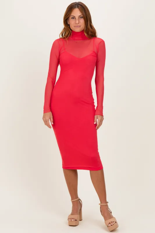 Coral Red Mesh Overlay Fitted Midi Dress made by Fore Collection