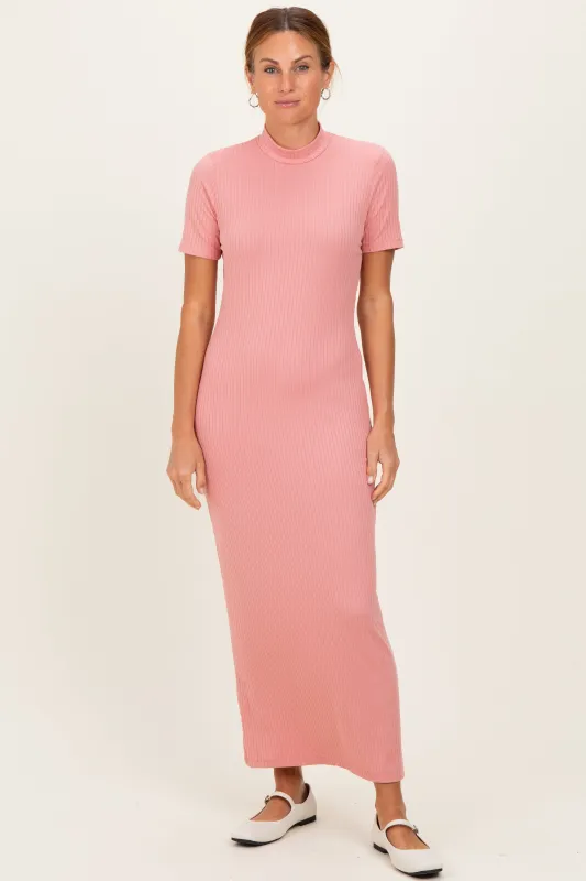 Pink Ribbed Mock Neck Short Sleeve Midi Dress made by Pinkblush