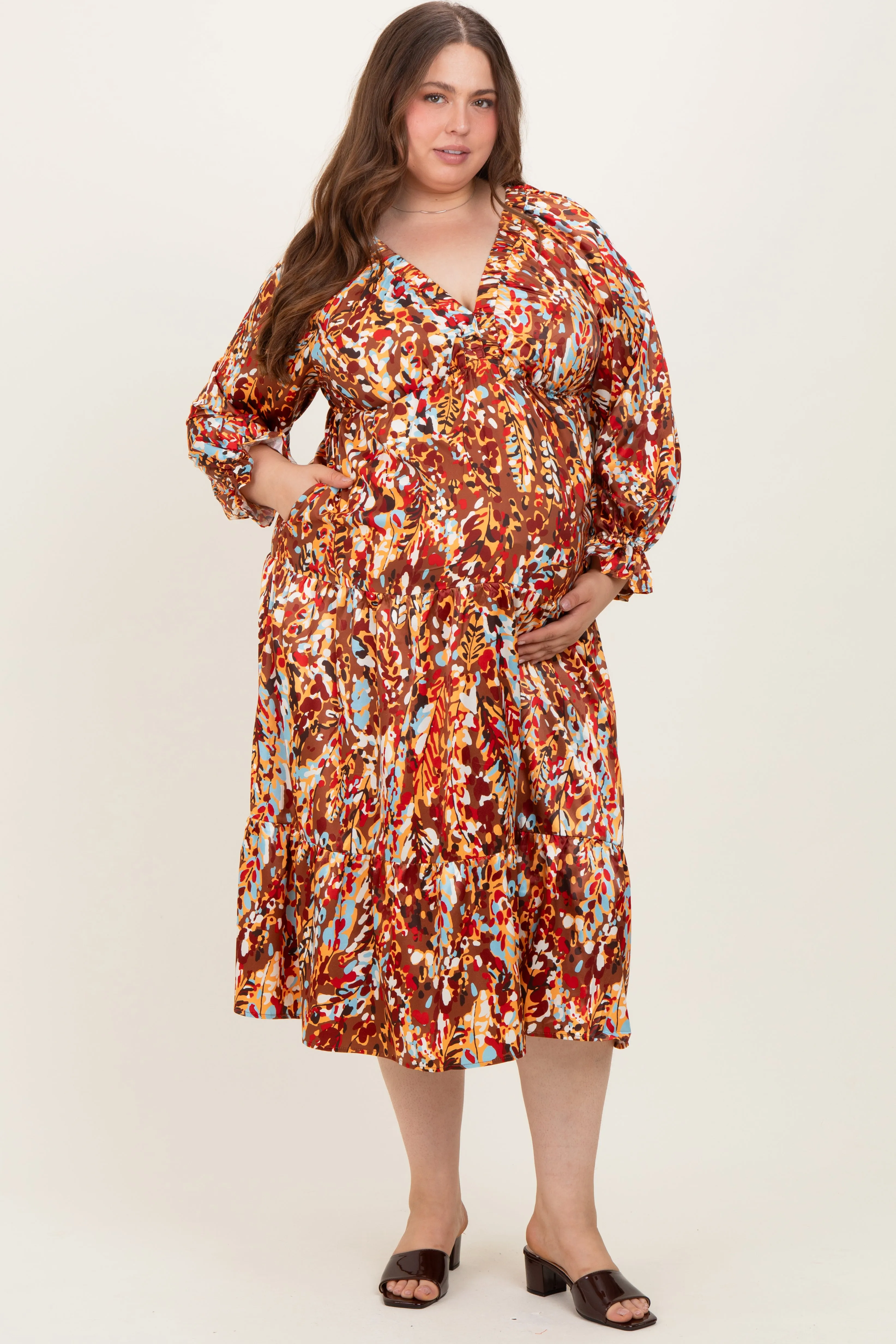 Mocha Multi Color Satin V-Neck Long Sleeve Plus Maternity Maxi Dress sold by Pinkblush product image thumbnail 2