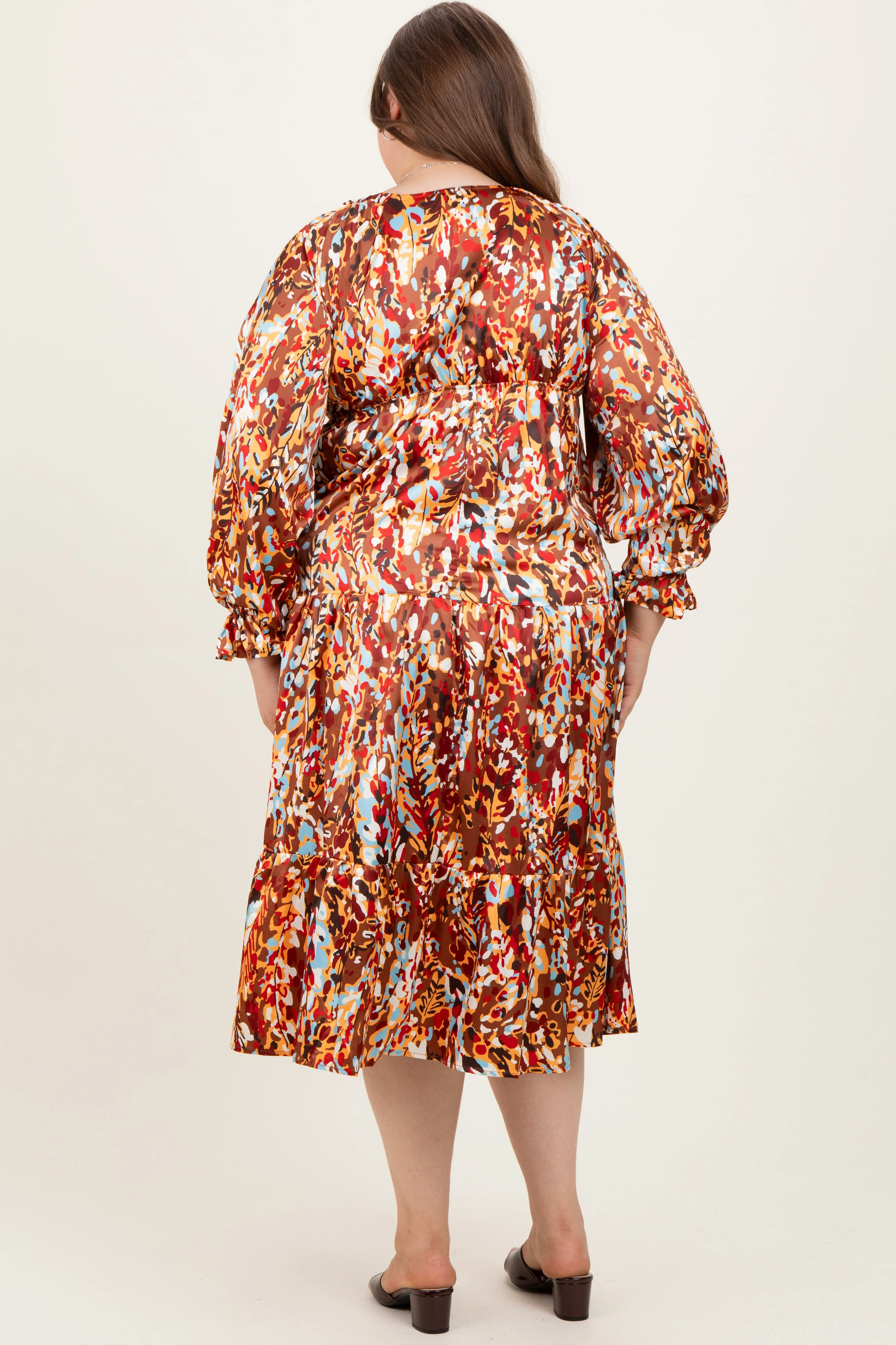 Mocha Multi Color Satin V-Neck Long Sleeve Plus Maternity Maxi Dress sold by Pinkblush product image thumbnail 3