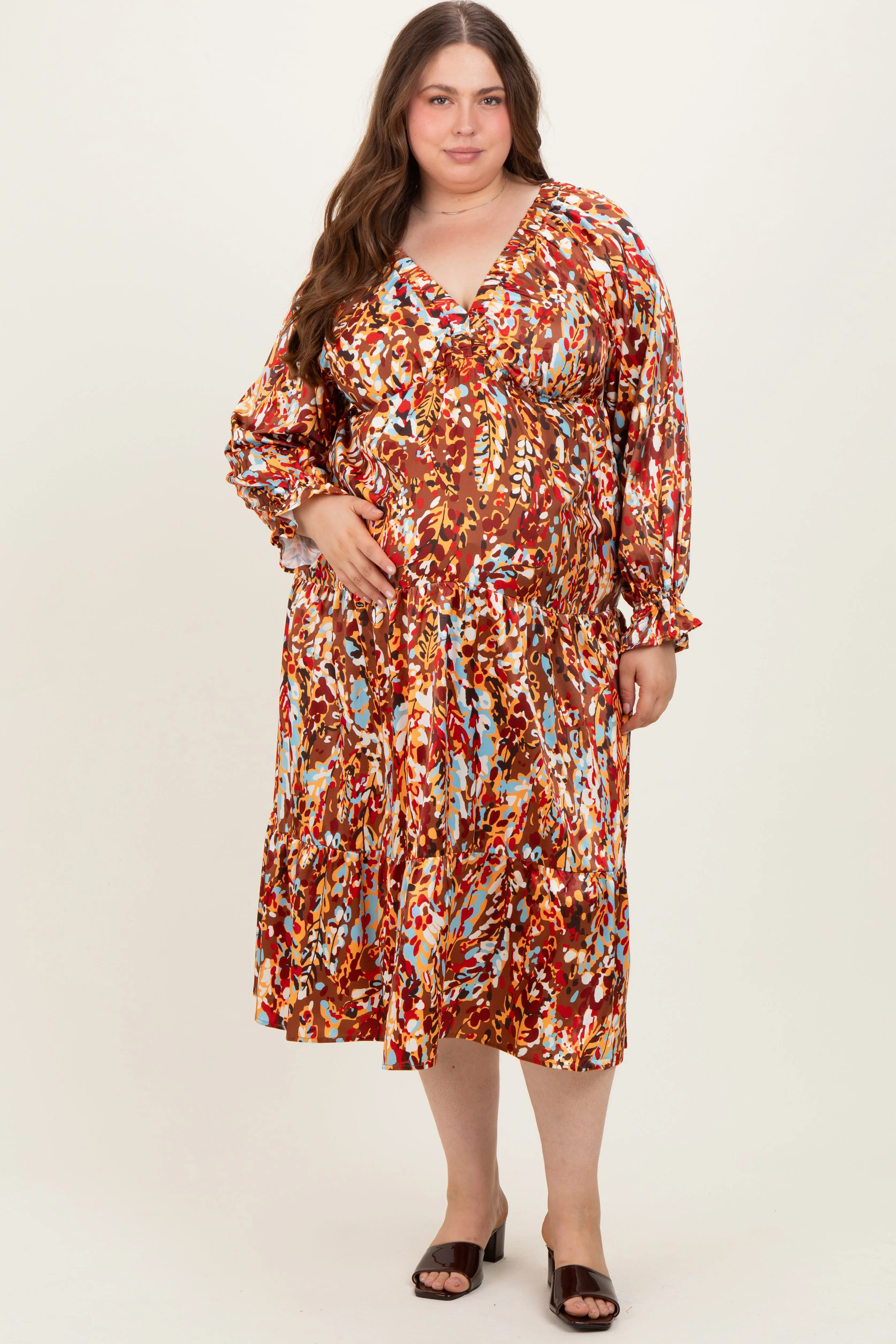 Mocha Multi Color Satin V-Neck Long Sleeve Plus Maternity Maxi Dress sold by Pinkblush