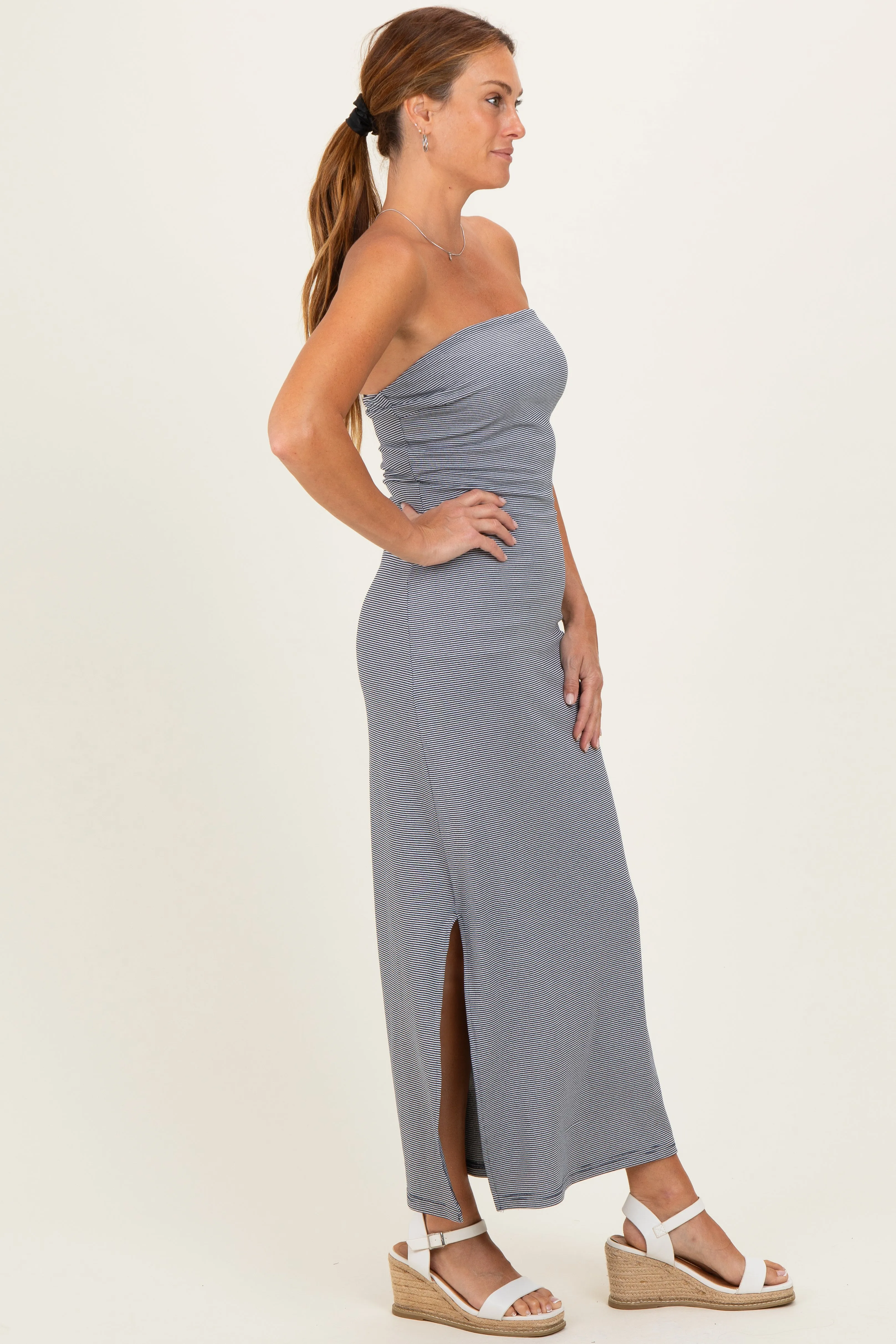 Navy Strapless Side Slit Midi Dress sold by Pinkblush product image thumbnail 2
