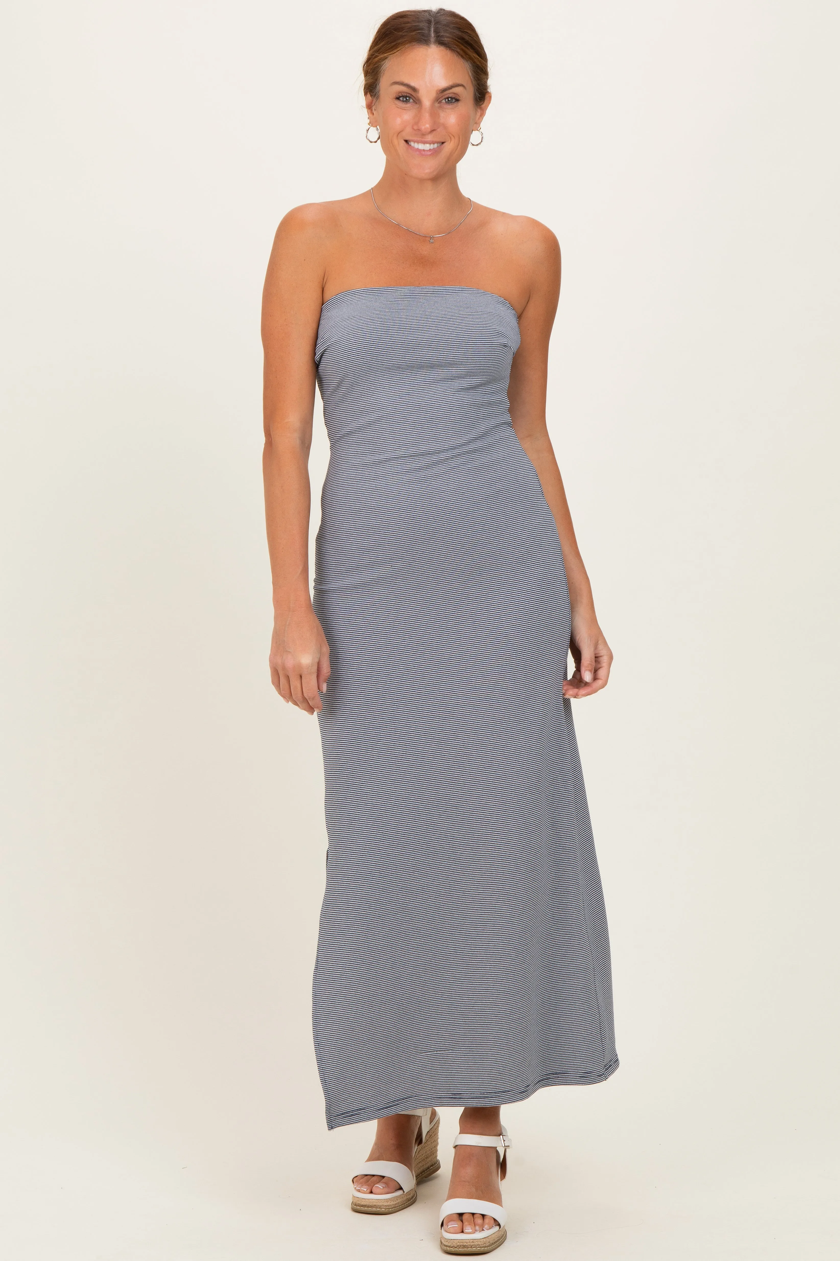Navy Strapless Side Slit Midi Dress sold by Pinkblush