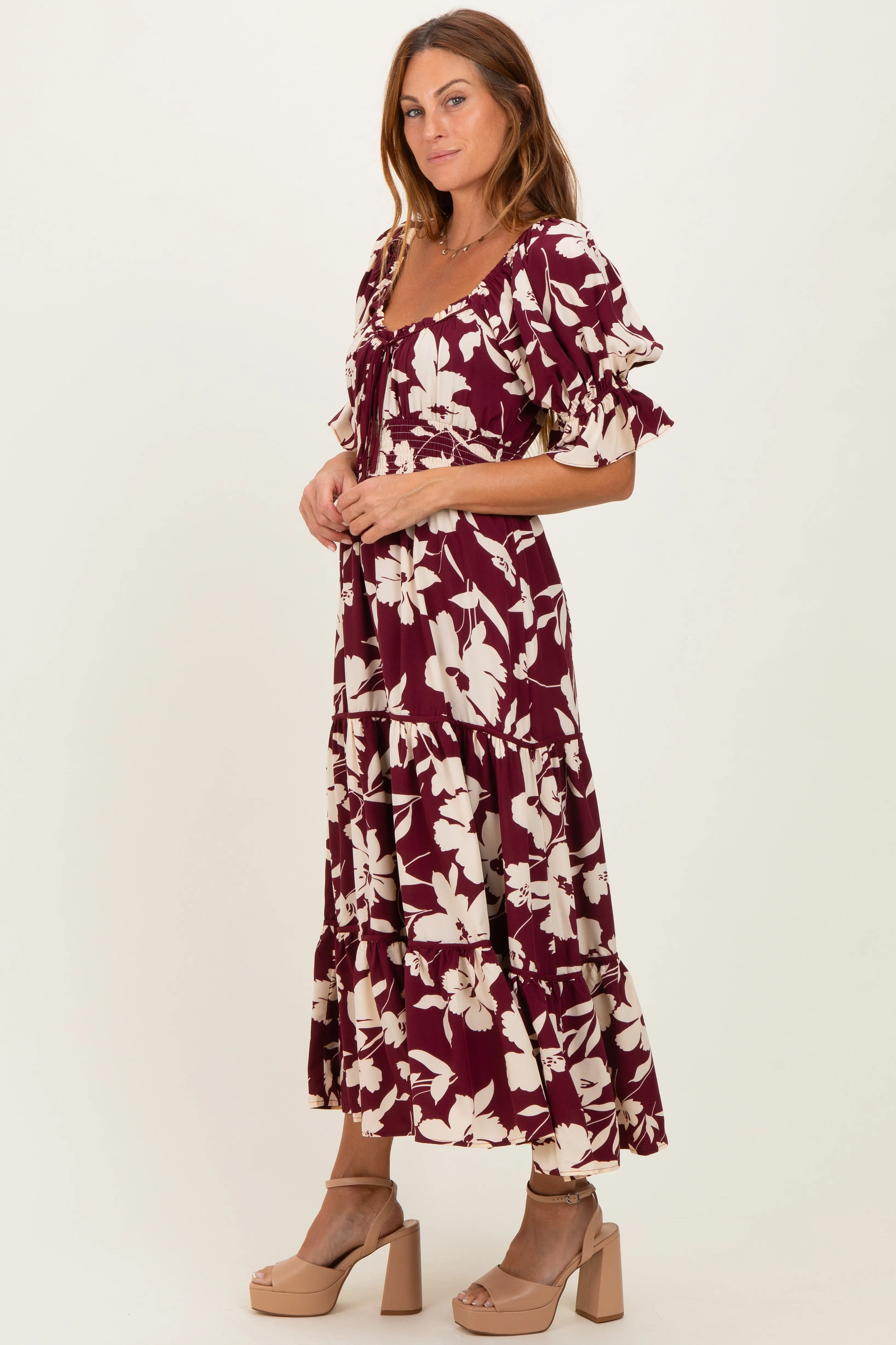 Burgundy Floral Short Sleeve Square Neck Tiered Maxi Dress sold by Pinkblush product image thumbnail 2