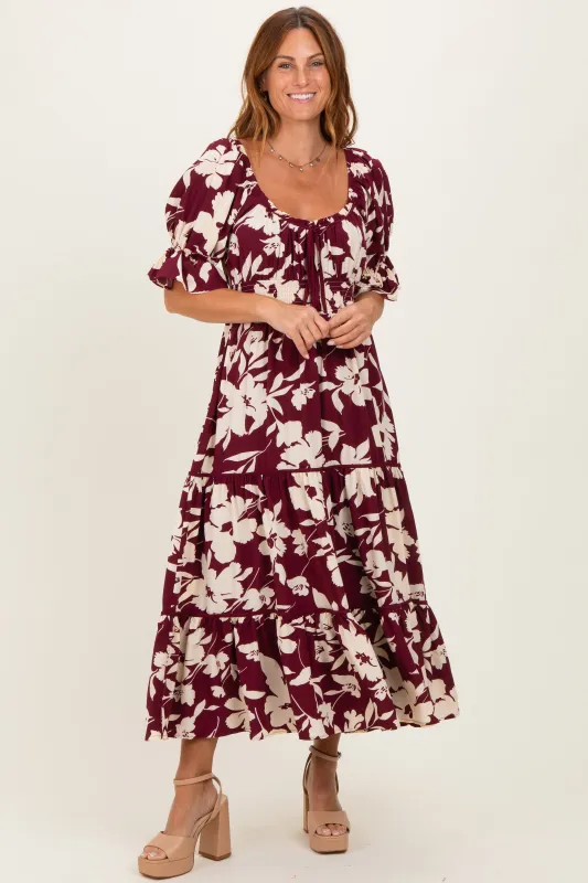 Burgundy Floral Short Sleeve Square Neck Tiered Maxi Dress made by Pinkblush