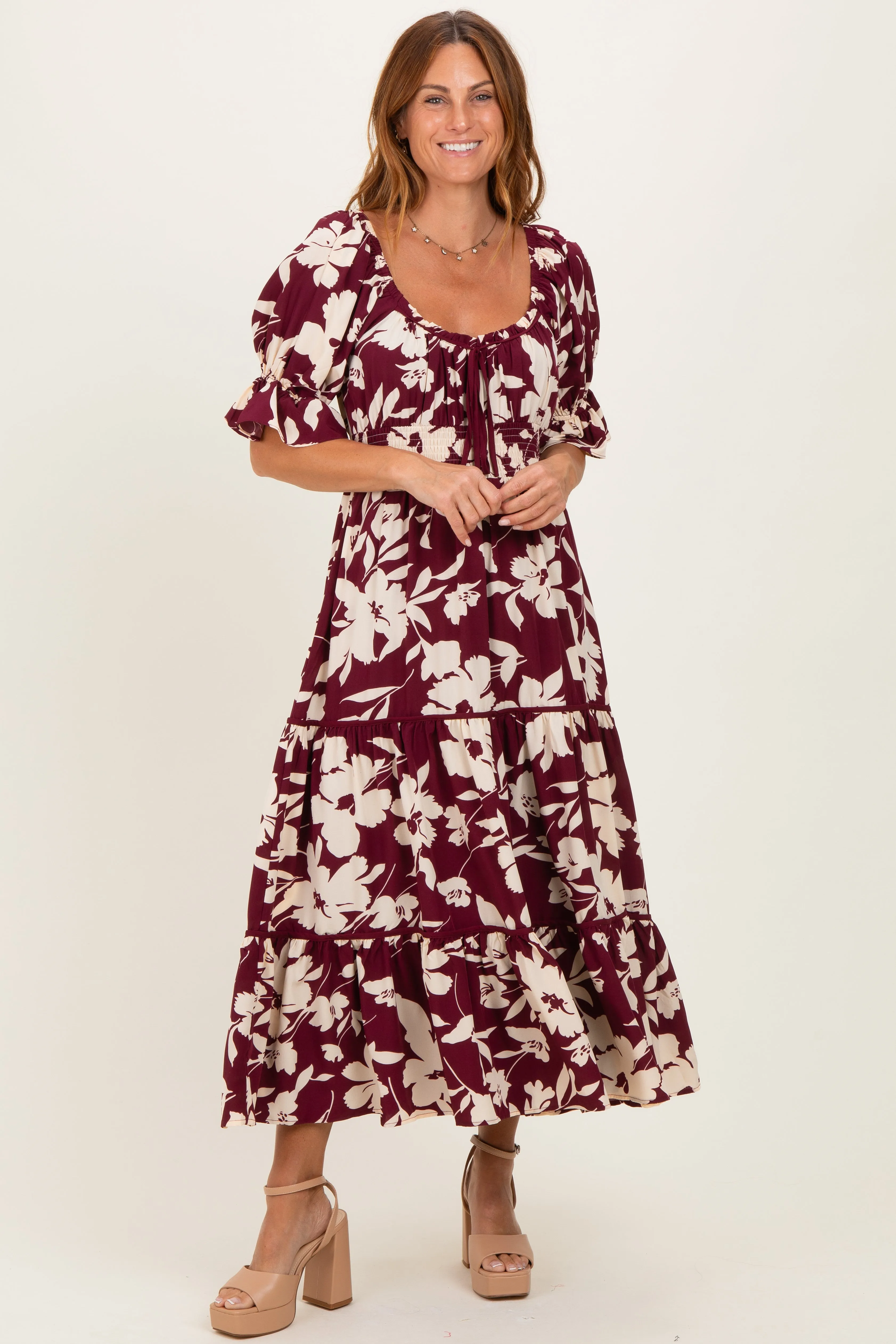 Burgundy Floral Short Sleeve Square Neck Tiered Maxi Dress sold by Pinkblush