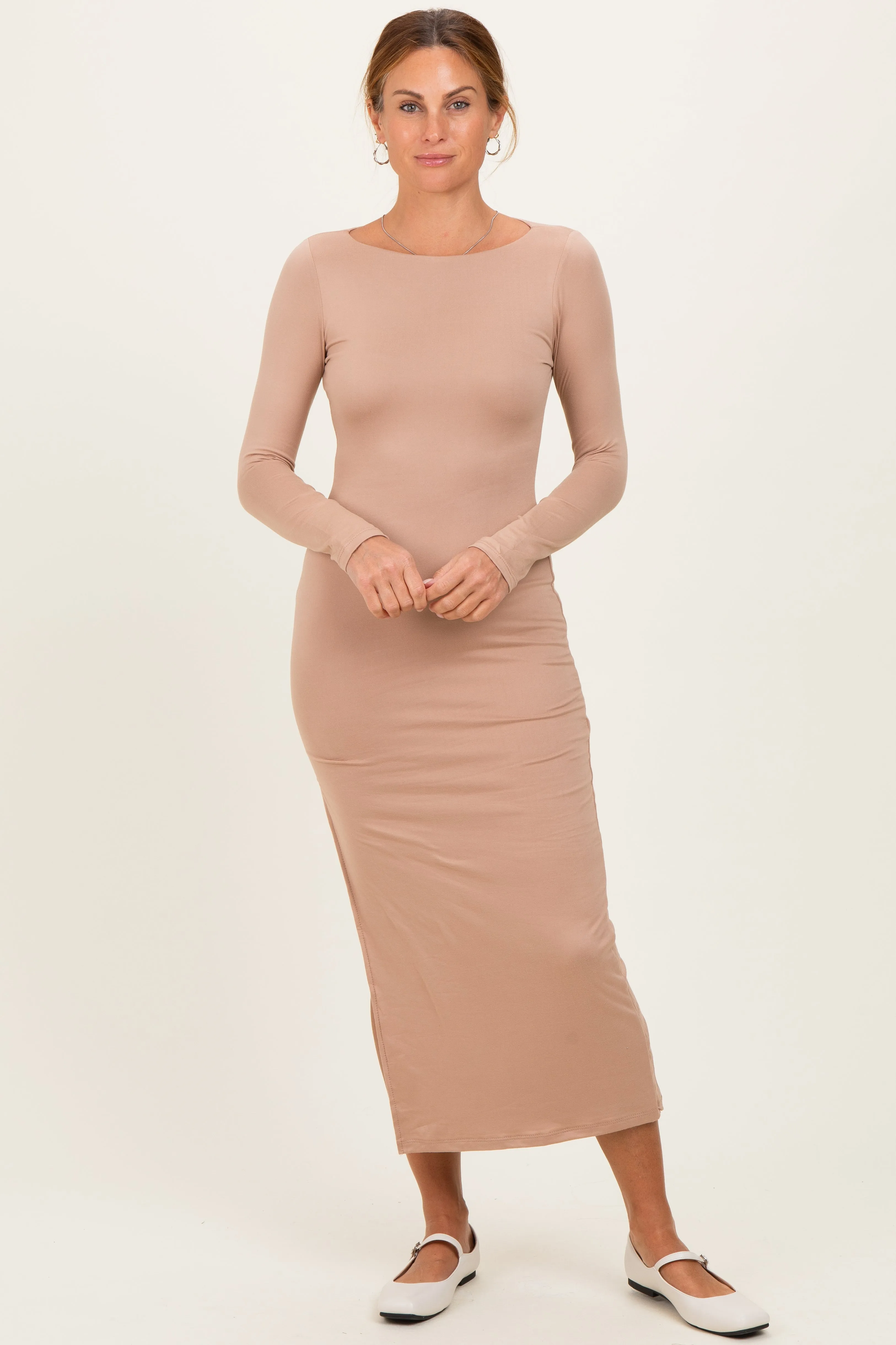 Beige Boat Neck Fitted Long Sleeve Side Slit Maxi sold by Pinkblush