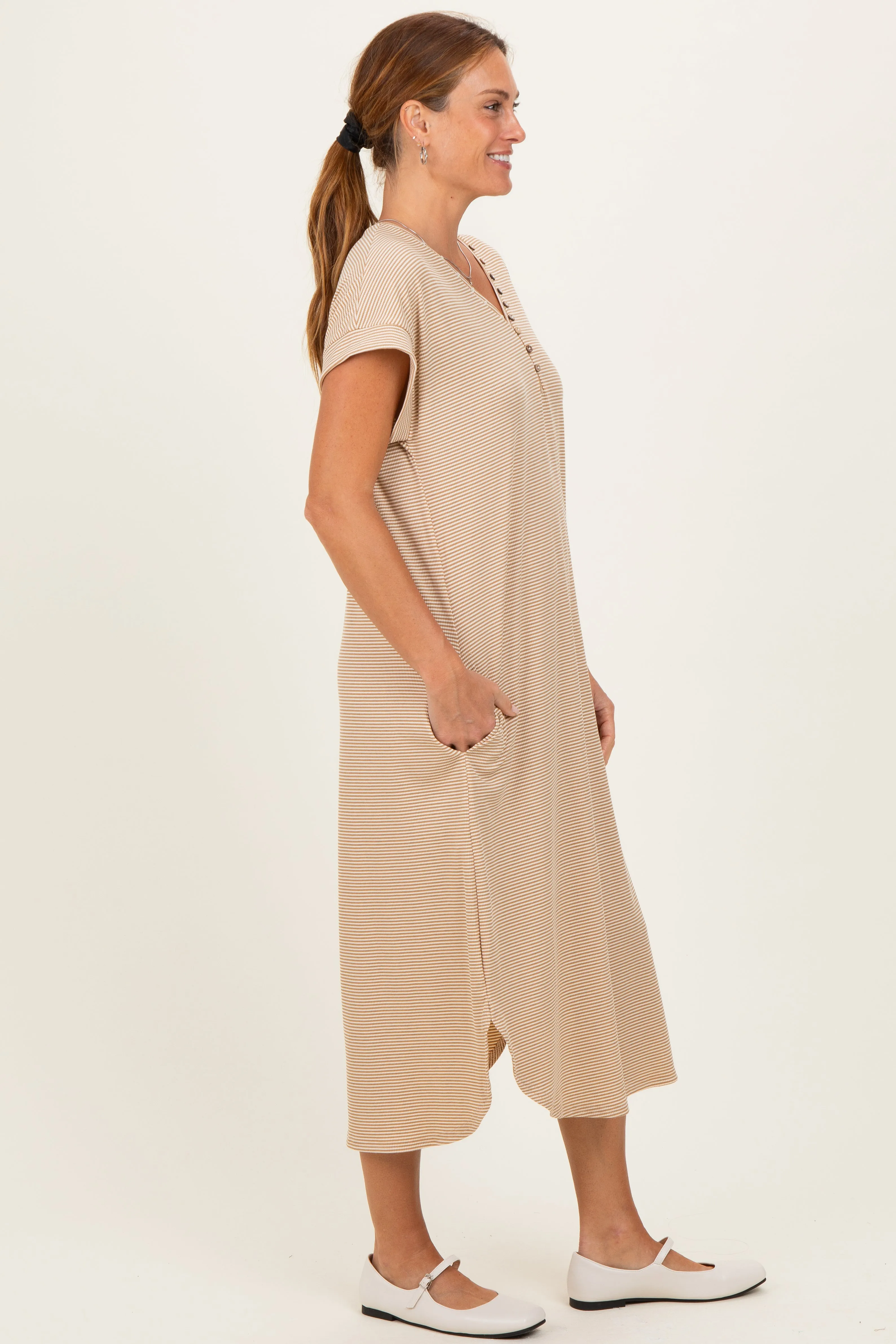 Camel Striped Button Detail Midi Dress sold by Pinkblush product image thumbnail 2