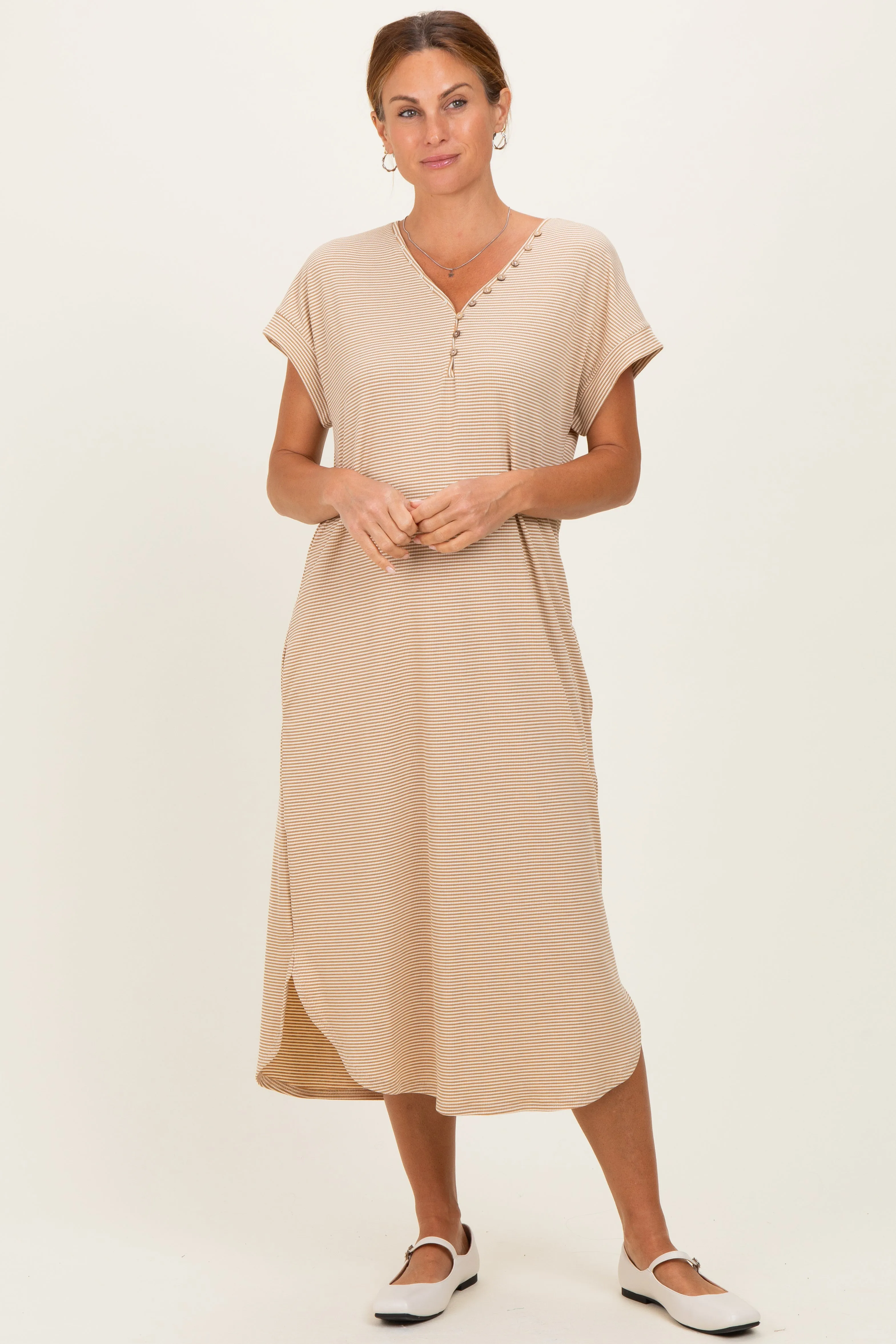 Camel Striped Button Detail Midi Dress sold by Pinkblush