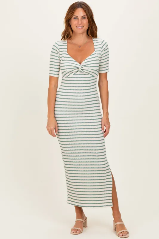Cream/ Sage Striped Knit Short Sleeve Maxi Dress made by Pinkblush