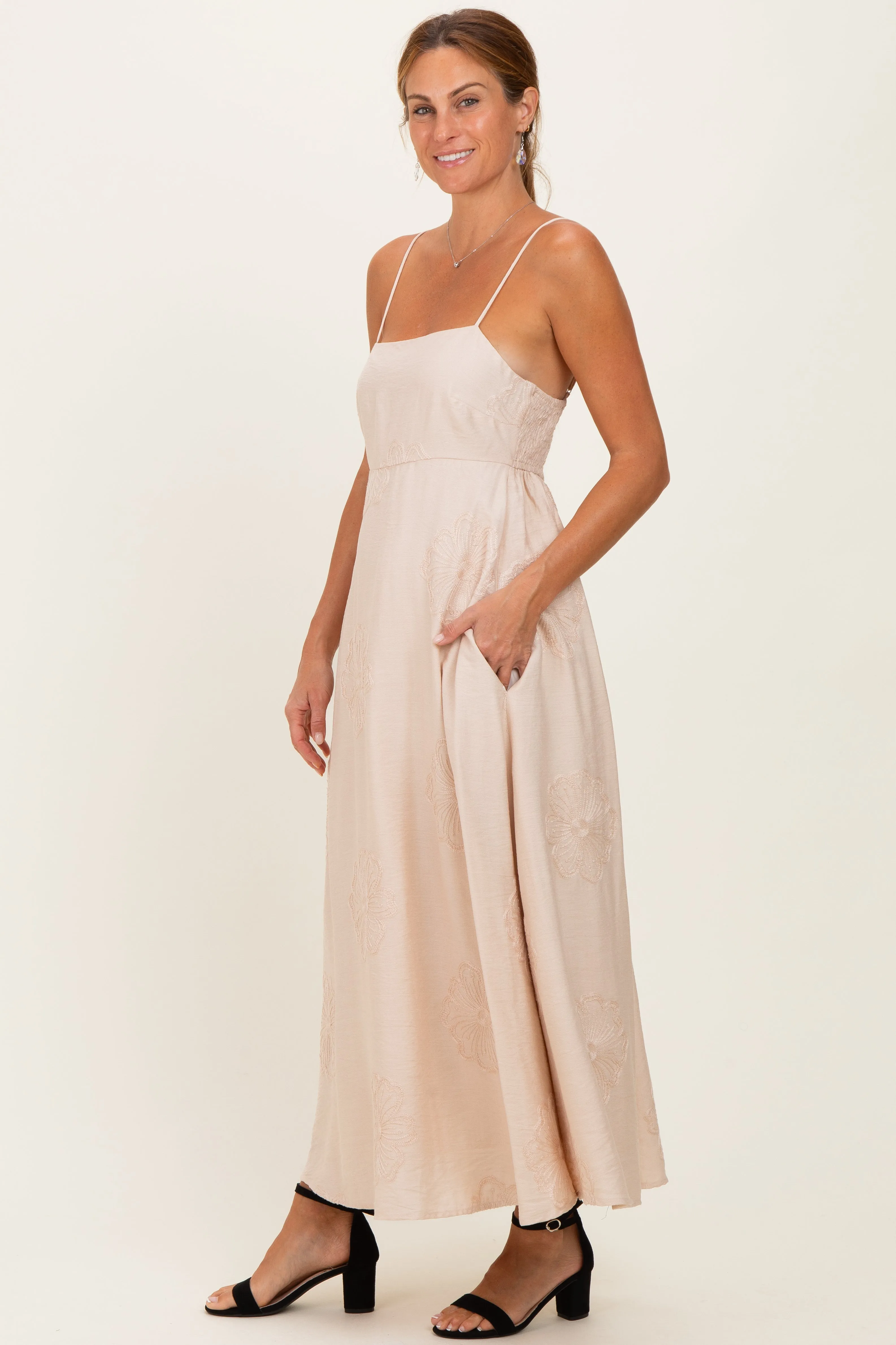 Beige Flower Embroidered Midi Dress sold by Pinkblush product image thumbnail 2