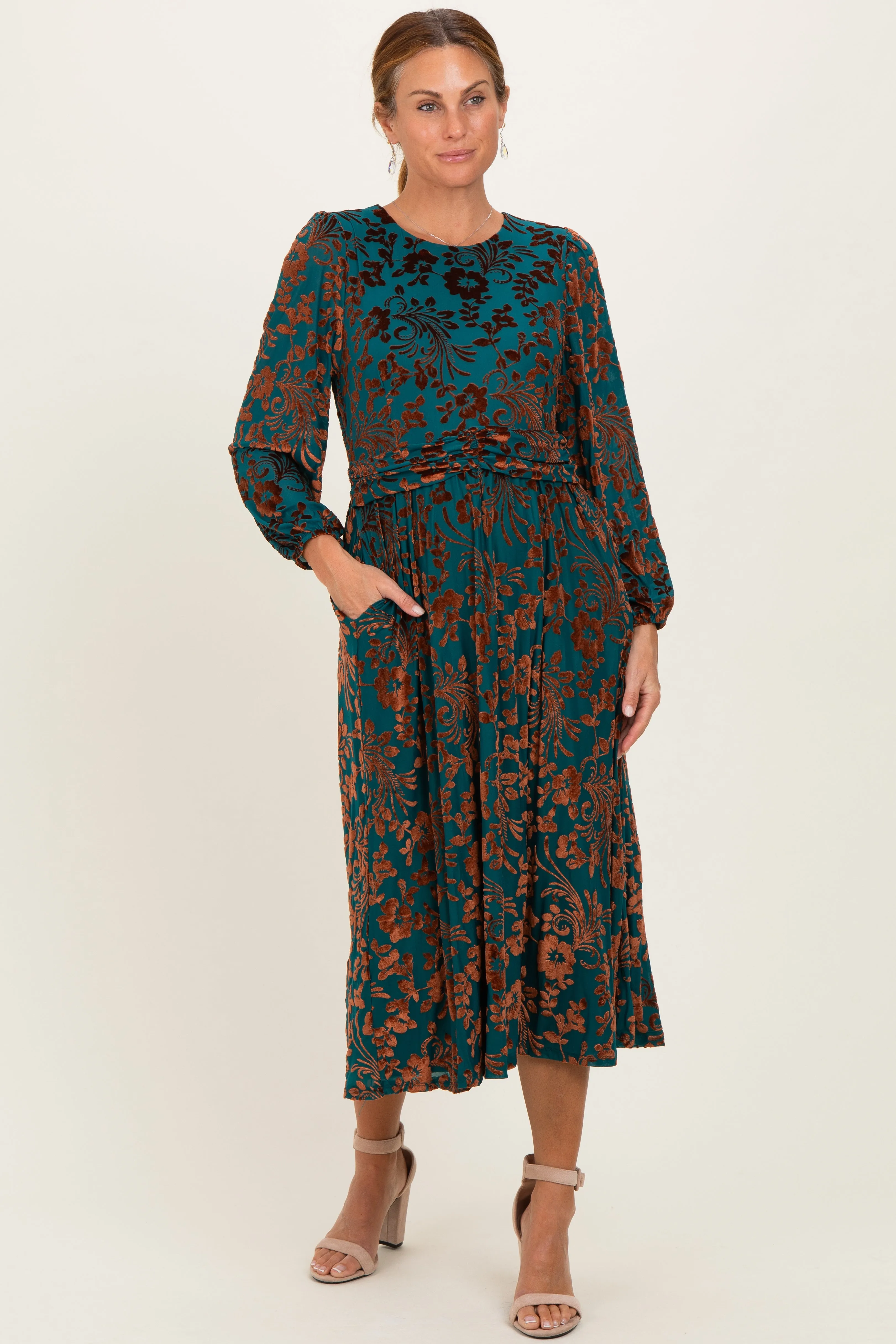 Teal Velvet Floral Overlay Midi Dress sold by Pinkblush product image thumbnail 2