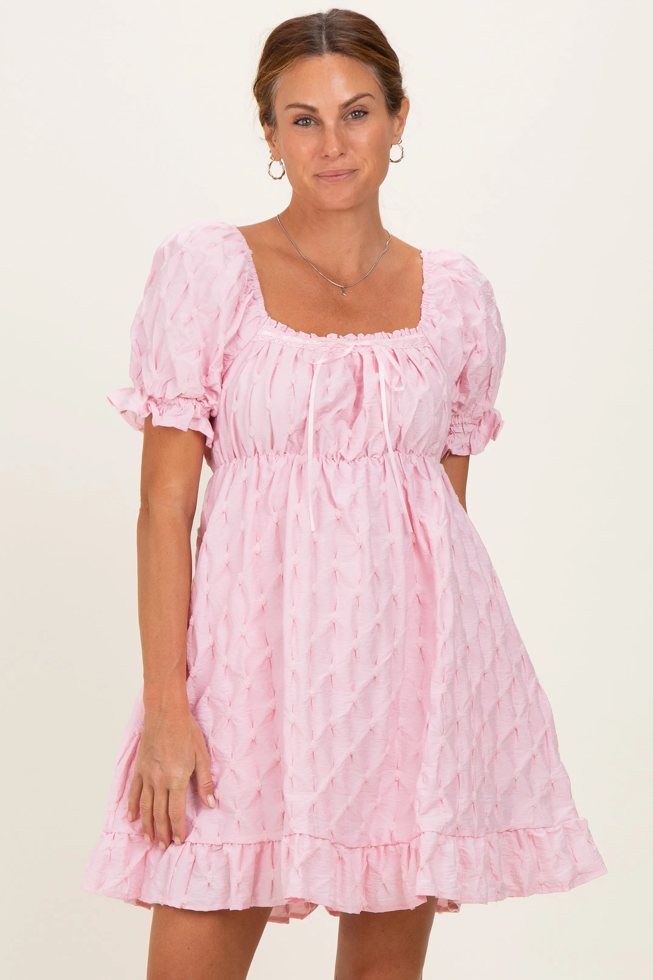 Pink Textured Puff Sleeve Dress sold by Pinkblush
