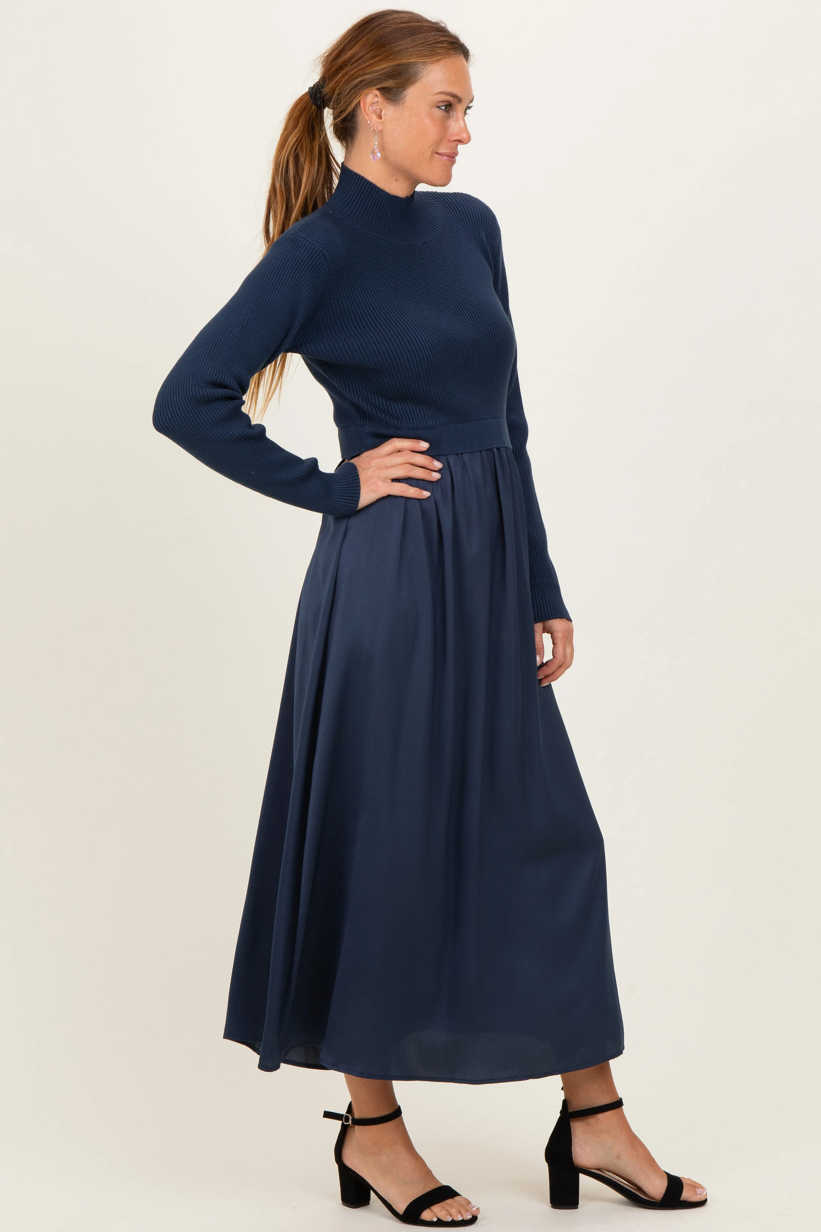 Navy Knit Contrast Top Satin Midi Dress sold by Pinkblush product image thumbnail 2