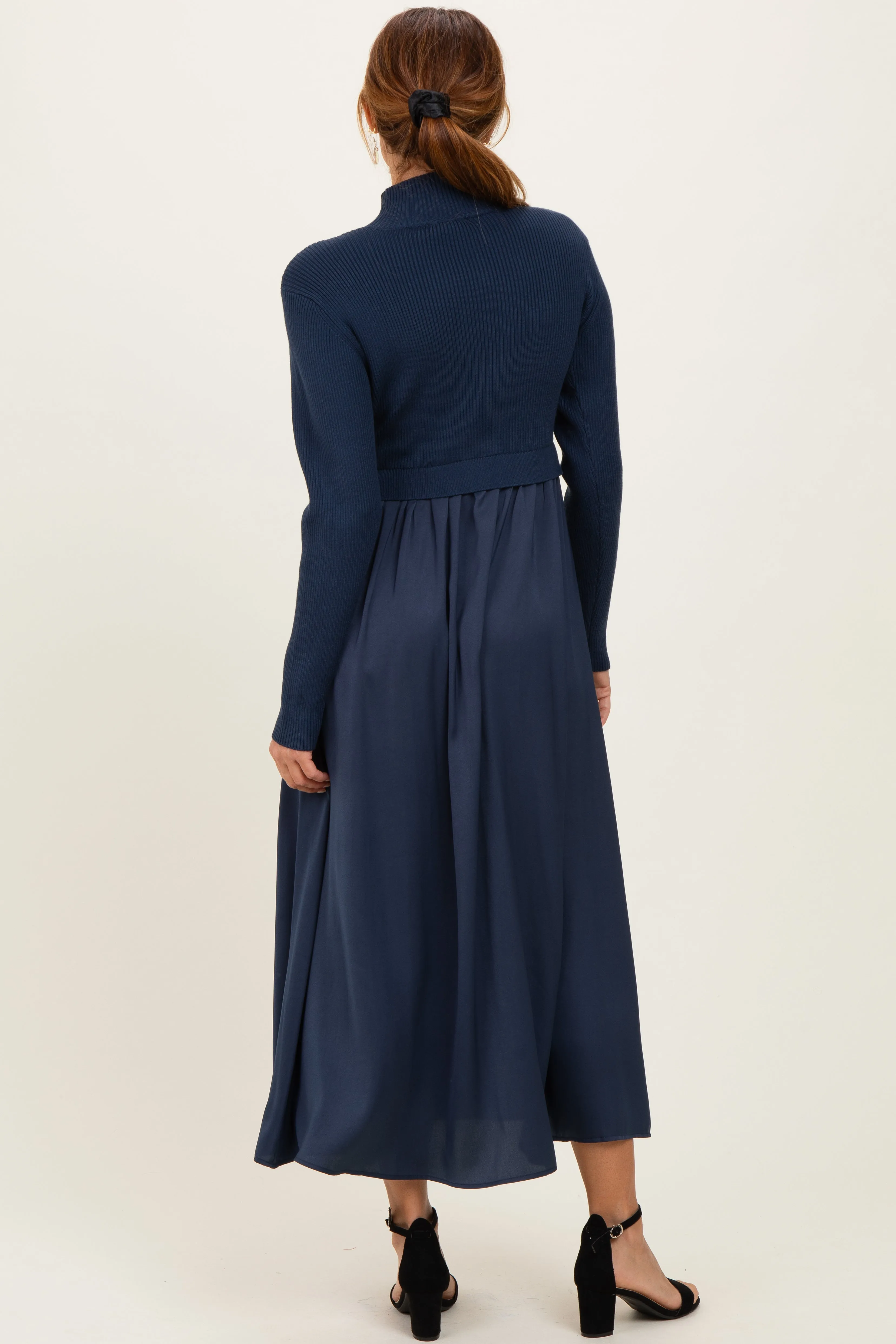 Navy Knit Contrast Top Satin Midi Dress sold by Pinkblush product image thumbnail 3