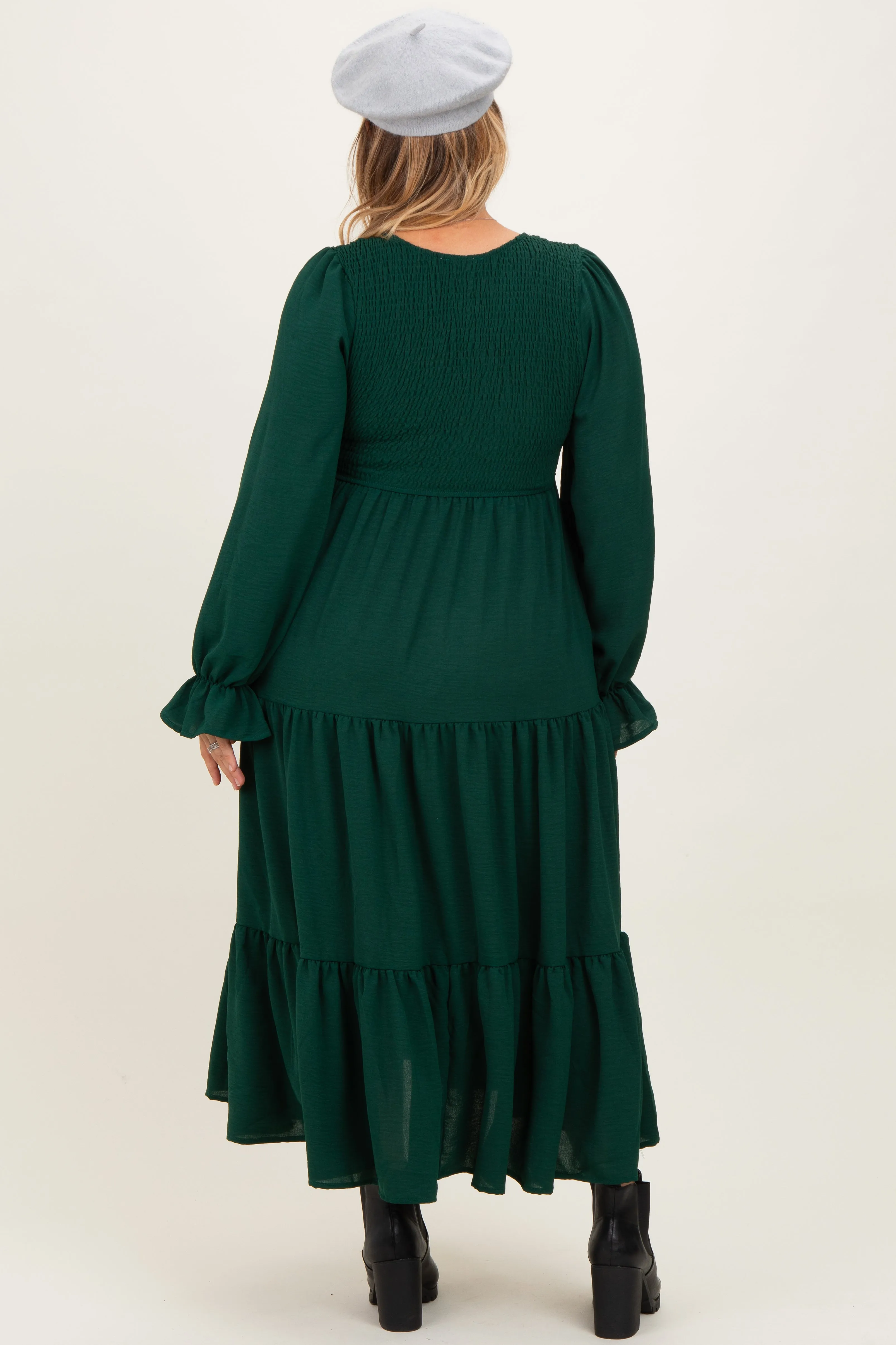 Forest Green Smocked Tiered Long Sleeve Plus Maternity Maxi Dress sold by Pinkblush product image thumbnail 3