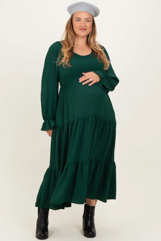 Forest Green Smocked Tiered Long Sleeve Plus Maternity Maxi Dress made by Pinkblush