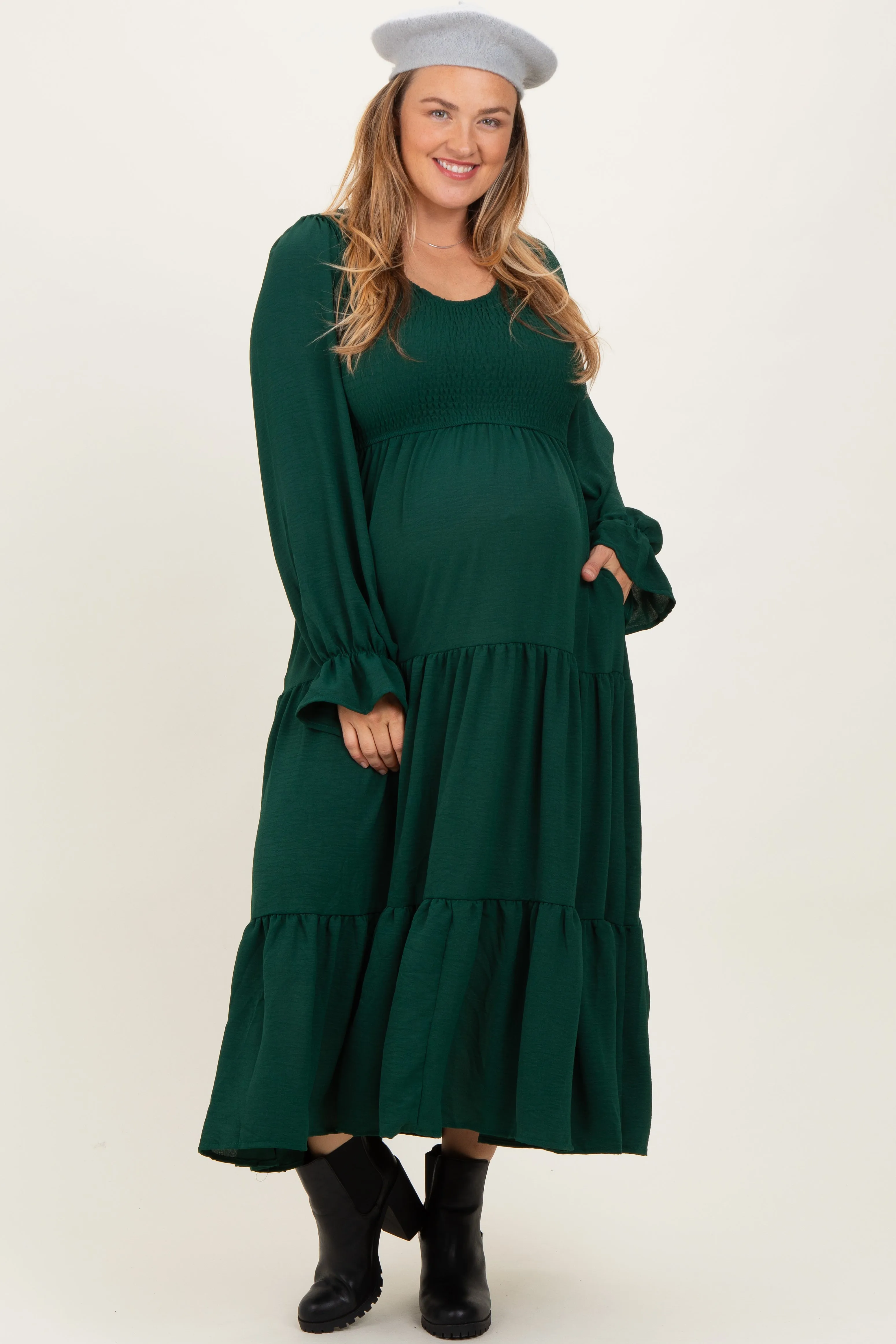 Forest Green Smocked Tiered Long Sleeve Plus Maternity Maxi Dress sold by Pinkblush product image thumbnail 2