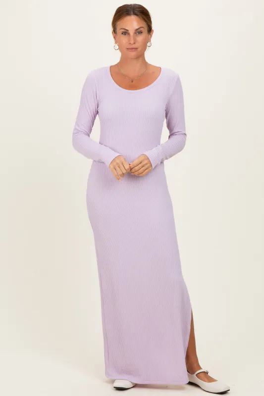 Lavender Ribbed Long Sleeve Side Slit Maxi Dress made by Pinkblush