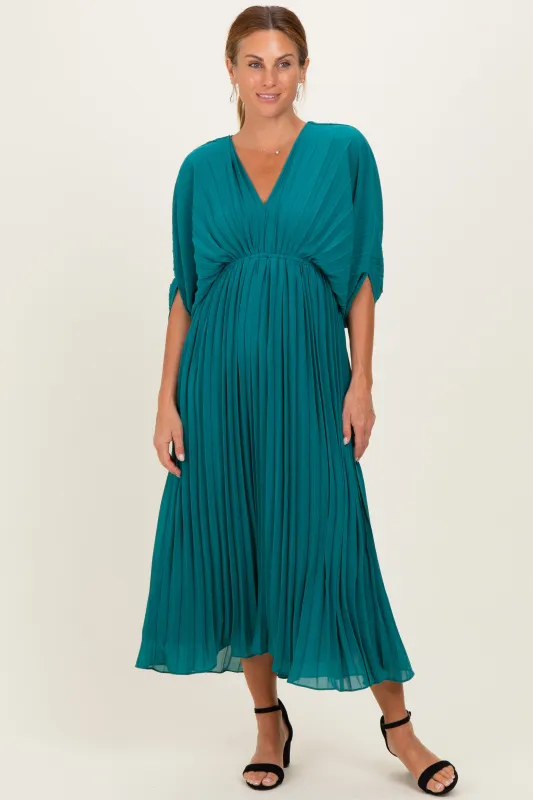 Teal Pleated V Neck Maxi Dress made by Pinkblush