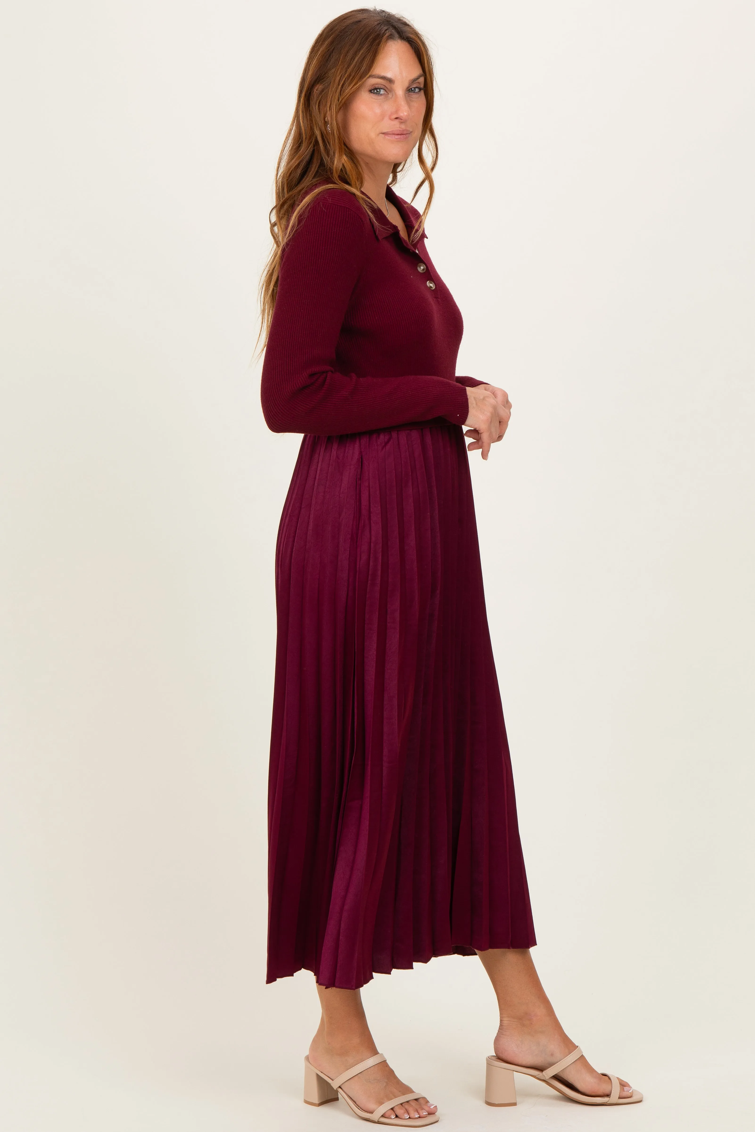 Burgundy Collared Knit Contrast Pleated Skirt Midi Dress sold by Pinkblush product image thumbnail 2