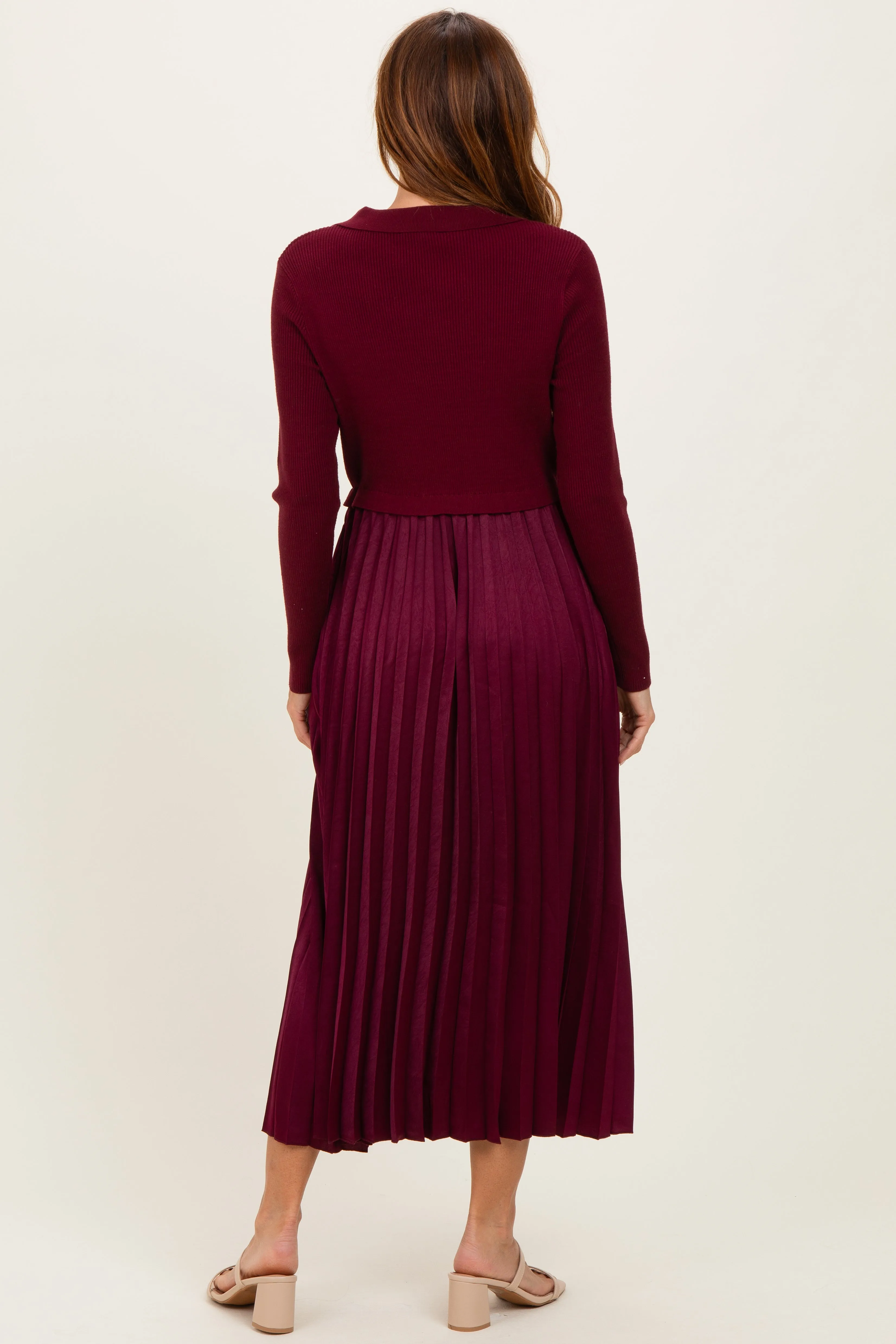 Burgundy Collared Knit Contrast Pleated Skirt Midi Dress sold by Pinkblush product image thumbnail 3