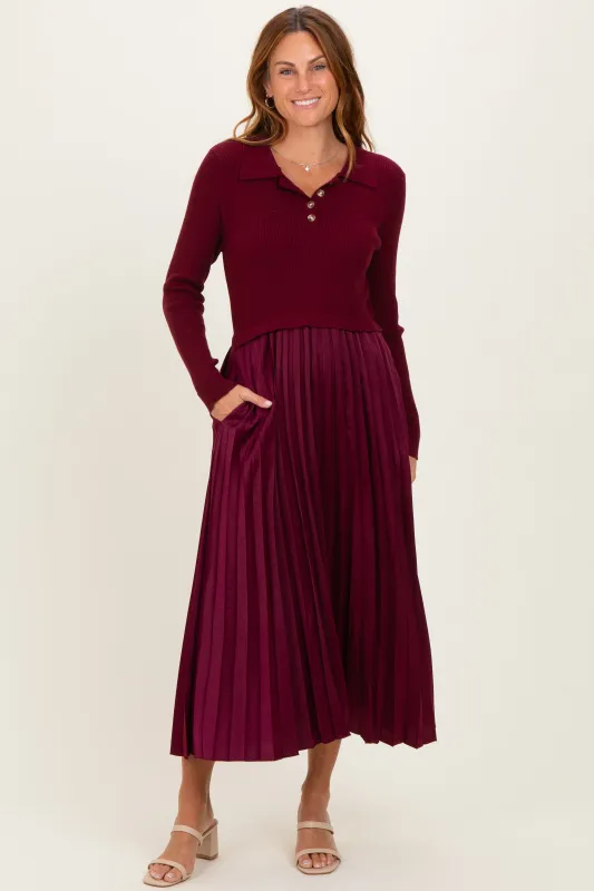 Burgundy Collared Knit Contrast Pleated Skirt Midi Dress made by Polagram
