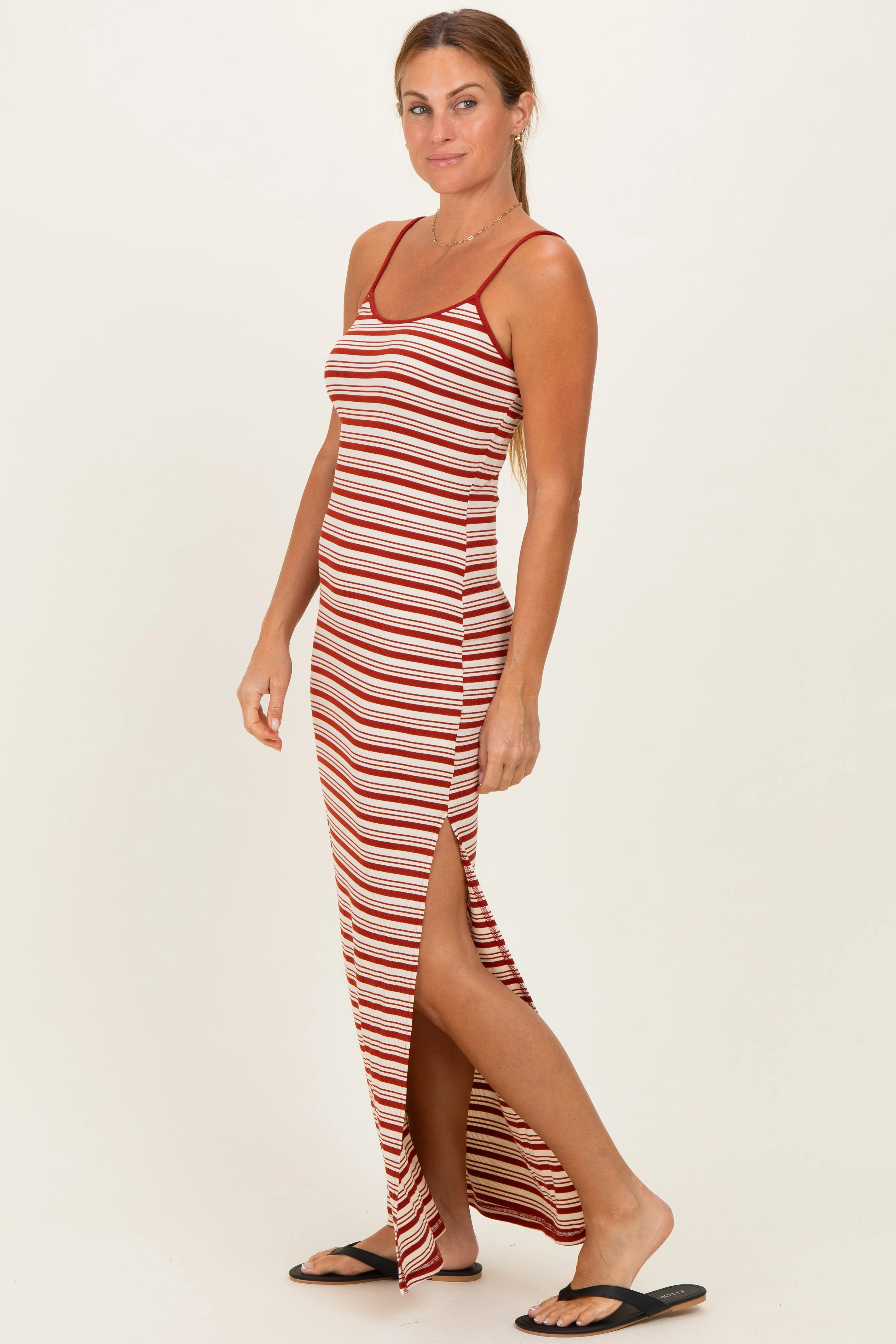 Red Striped Ribbed Sleeveless Side Slit Maxi Dress sold by Pinkblush product image thumbnail 2