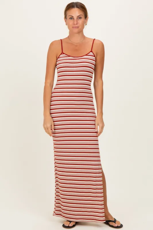 Red Striped Ribbed Sleeveless Side Slit Maxi Dress made by Pretty Garbage