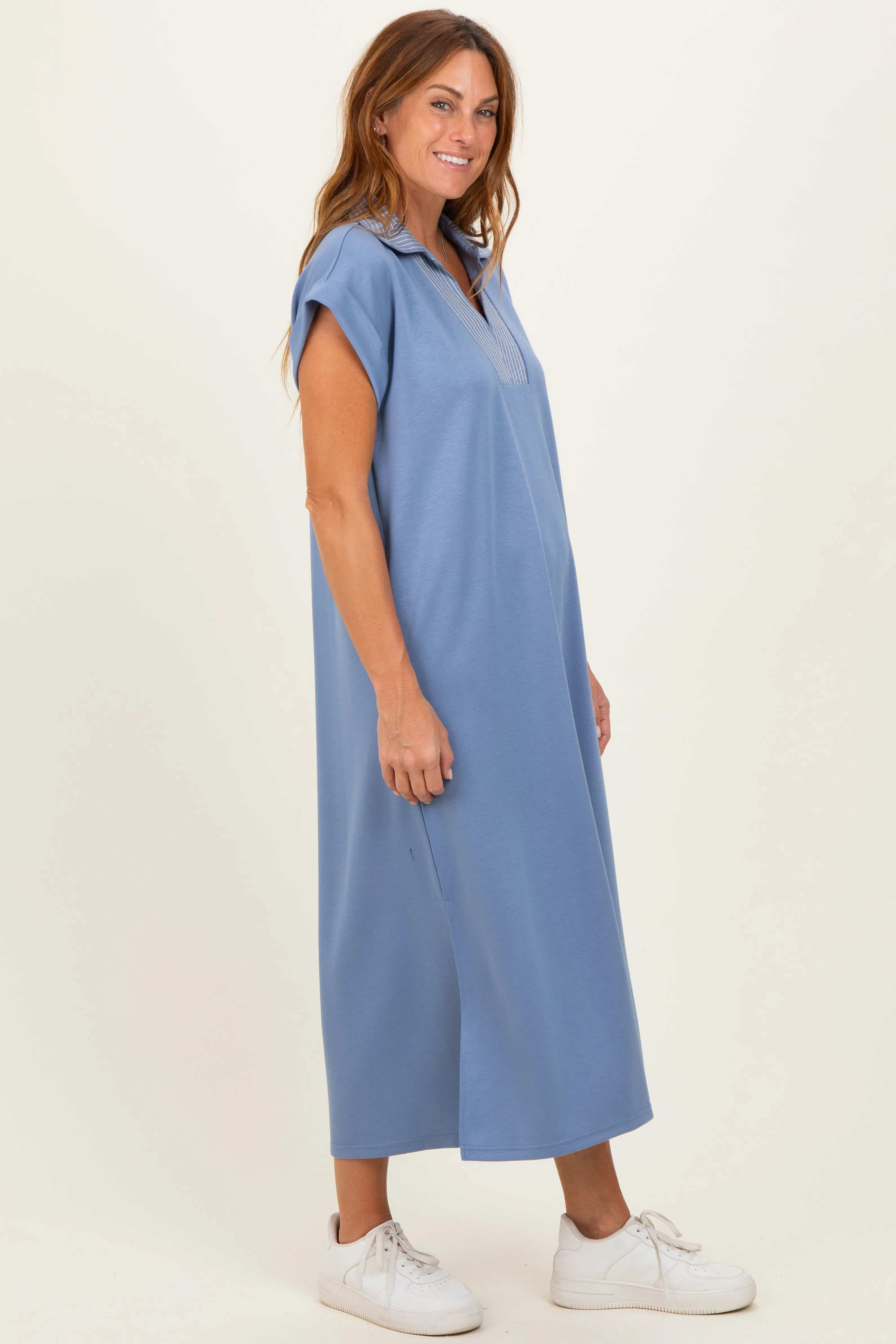Blue Striped Collared Side Slit Midi Dress sold by Pinkblush product image thumbnail 2