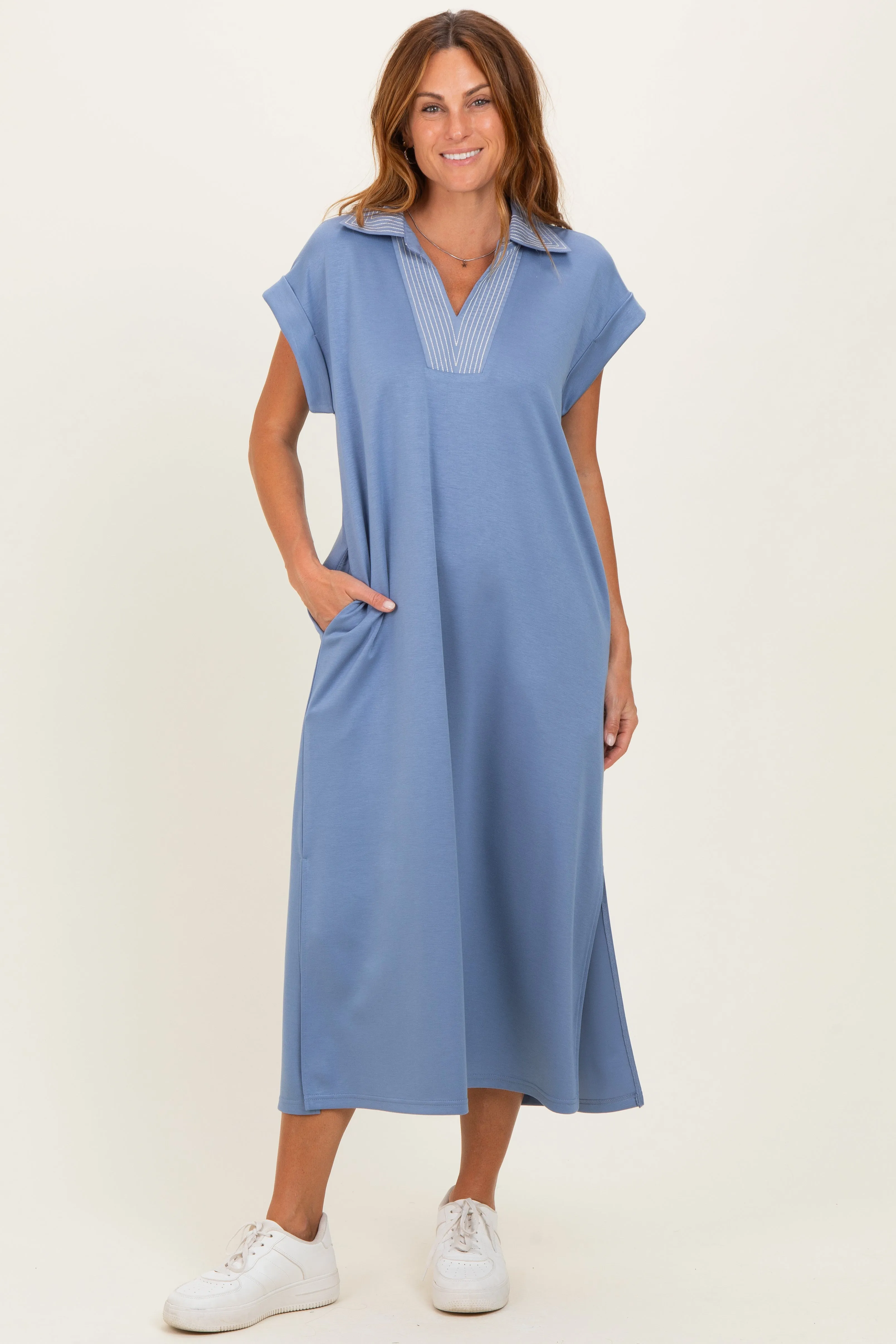 Blue Striped Collared Side Slit Midi Dress sold by Pinkblush