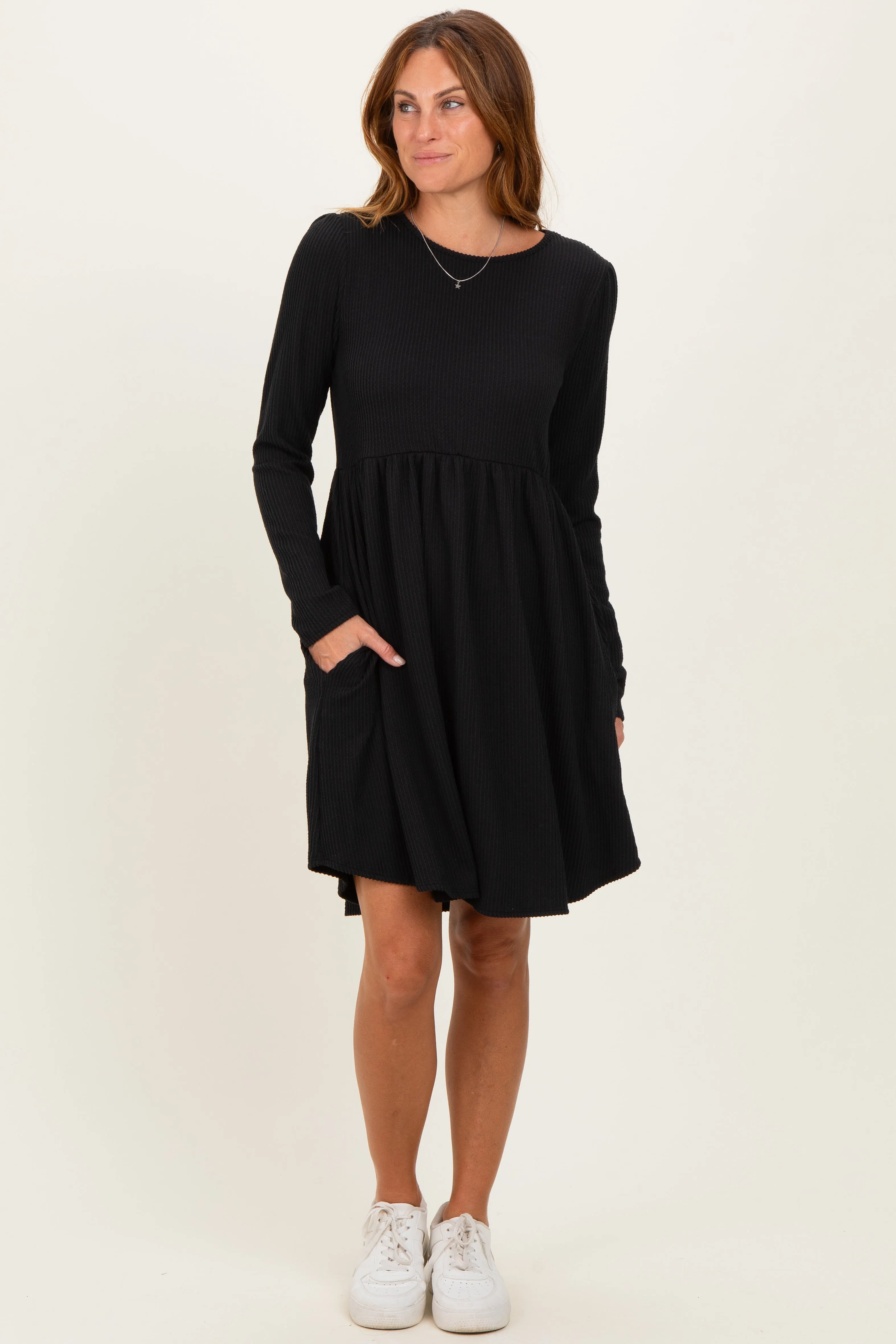 Black Textured Rib Long Sleeve Dress sold by Pinkblush