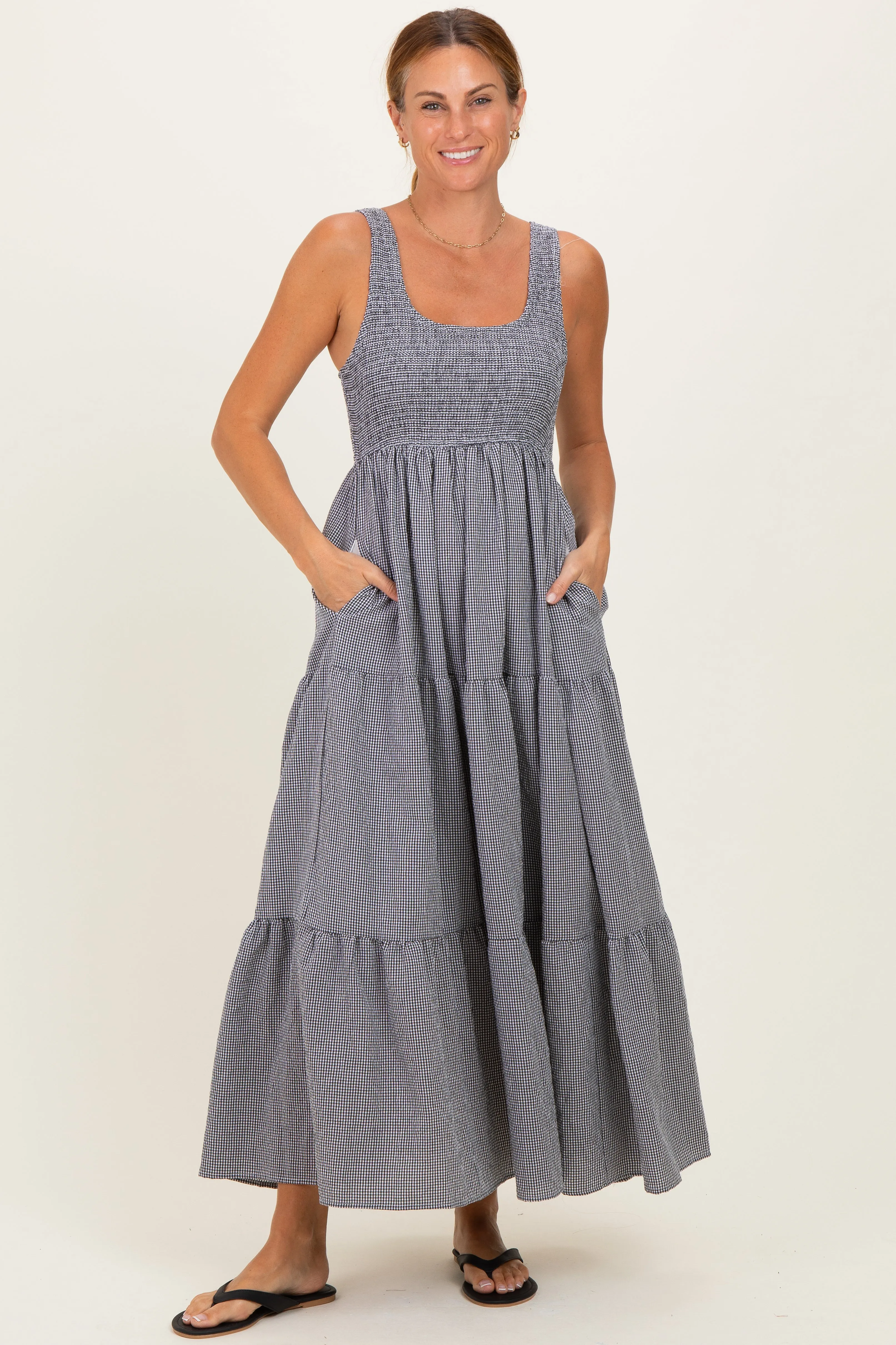 Black Gingham Smocked Bodice Maxi Dress sold by Pinkblush