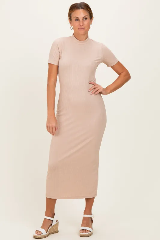 Taupe Ribbed Mock Neck Short Sleeve Midi Dress made by Pinkblush