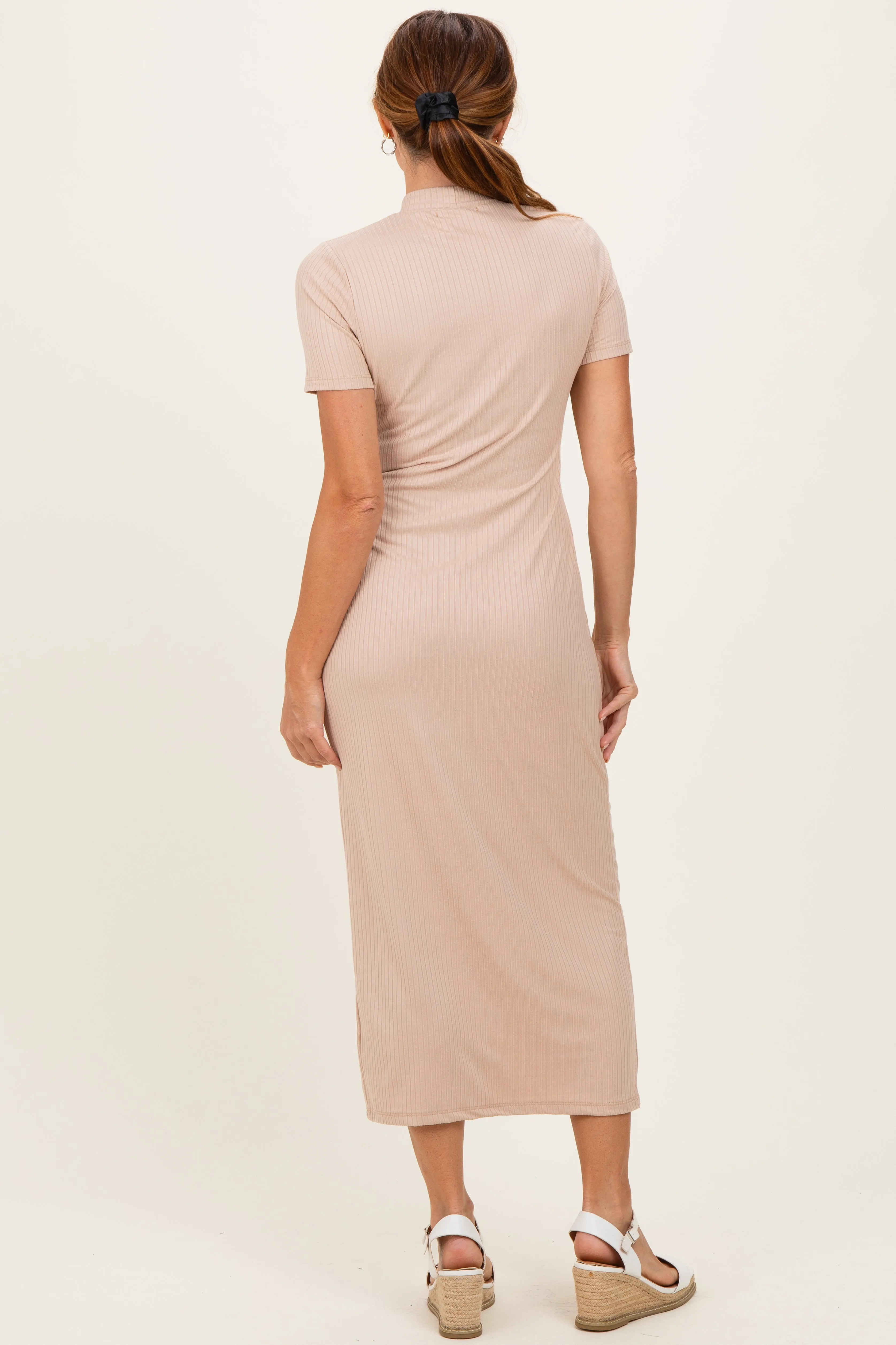 Taupe Ribbed Mock Neck Short Sleeve Midi Dress sold by Pinkblush product image thumbnail 3