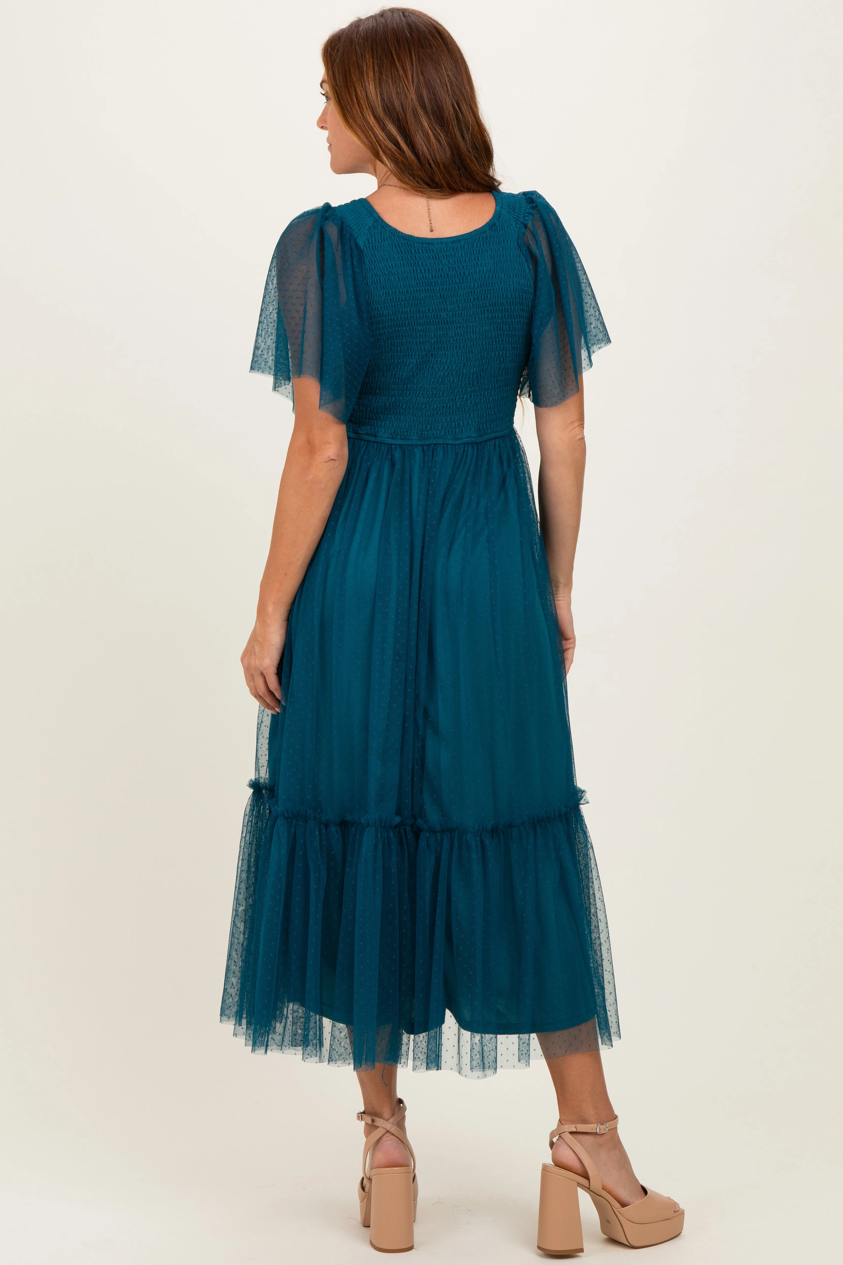 Teal Dotted Tulle Smocked Midi Dress sold by Pinkblush product image thumbnail 3
