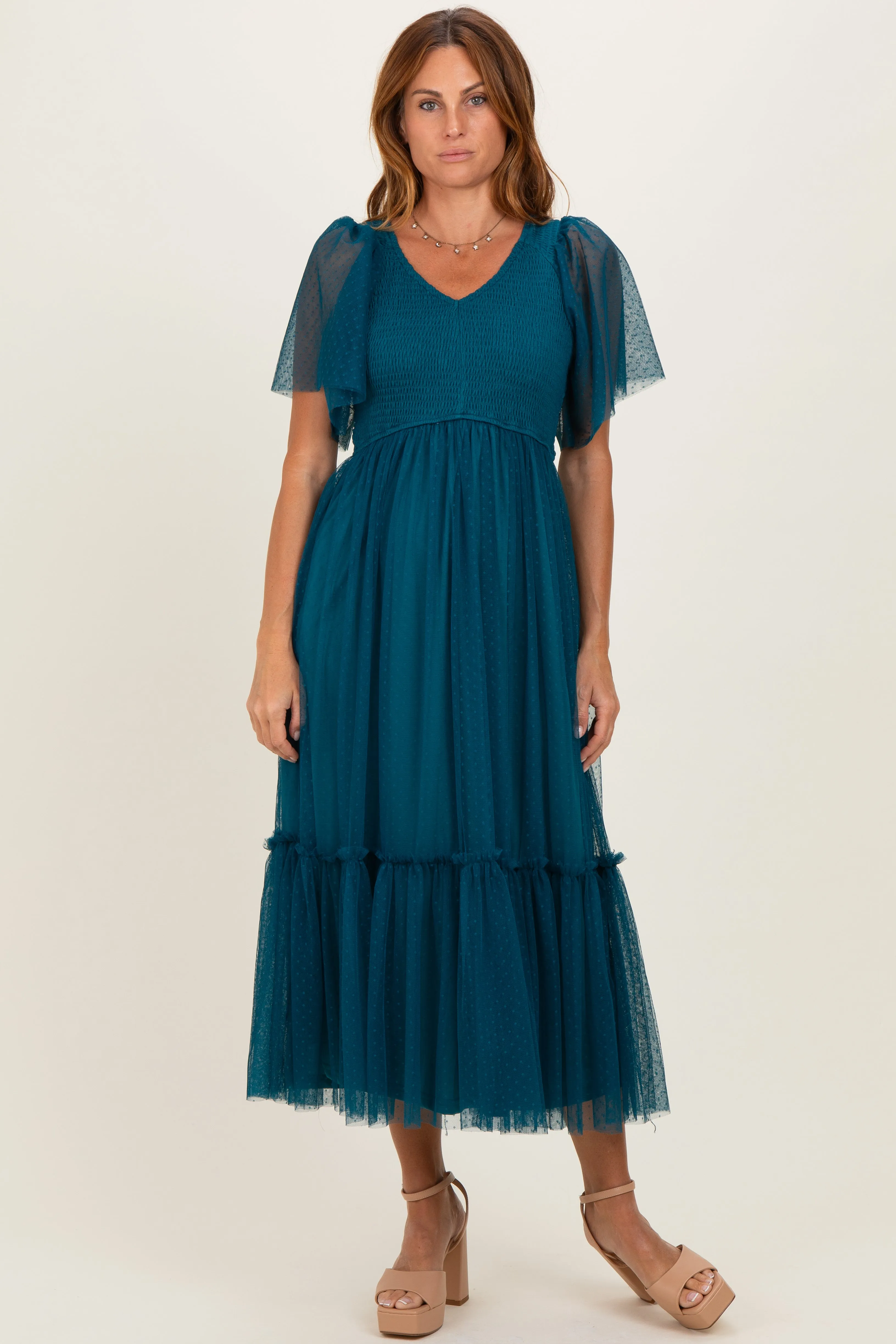 Teal Dotted Tulle Smocked Midi Dress sold by Pinkblush
