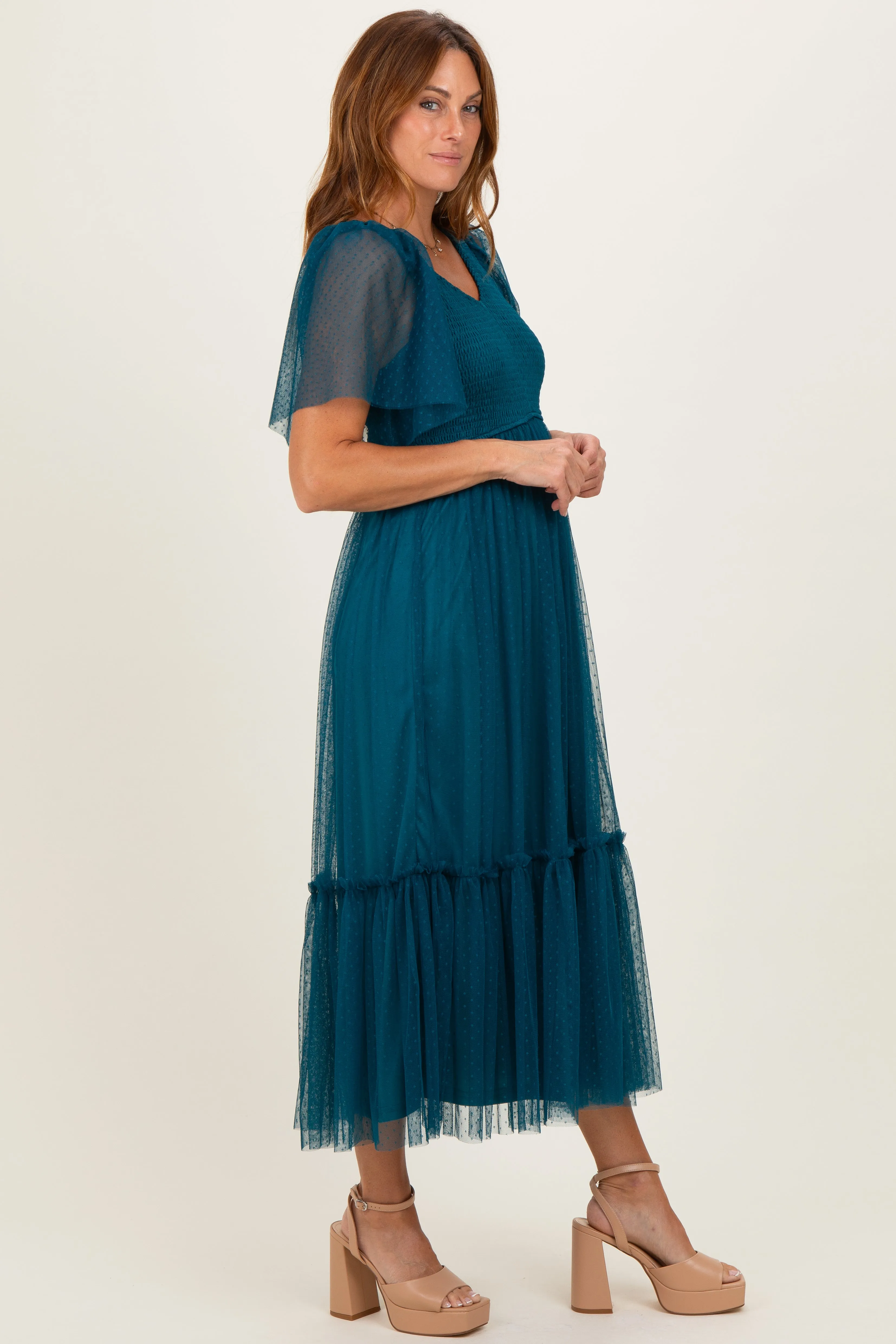 Teal Dotted Tulle Smocked Midi Dress sold by Pinkblush product image thumbnail 2