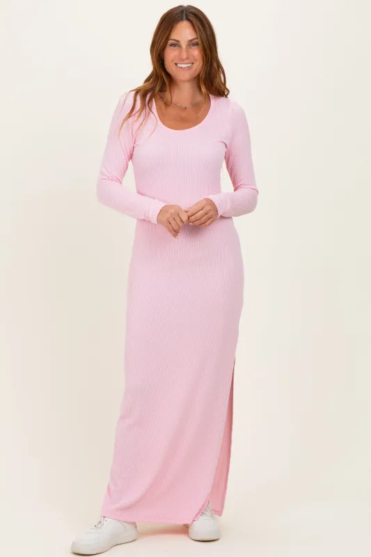 Light Pink Ribbed Long Sleeve Side Slit Maxi Dress made by Pinkblush