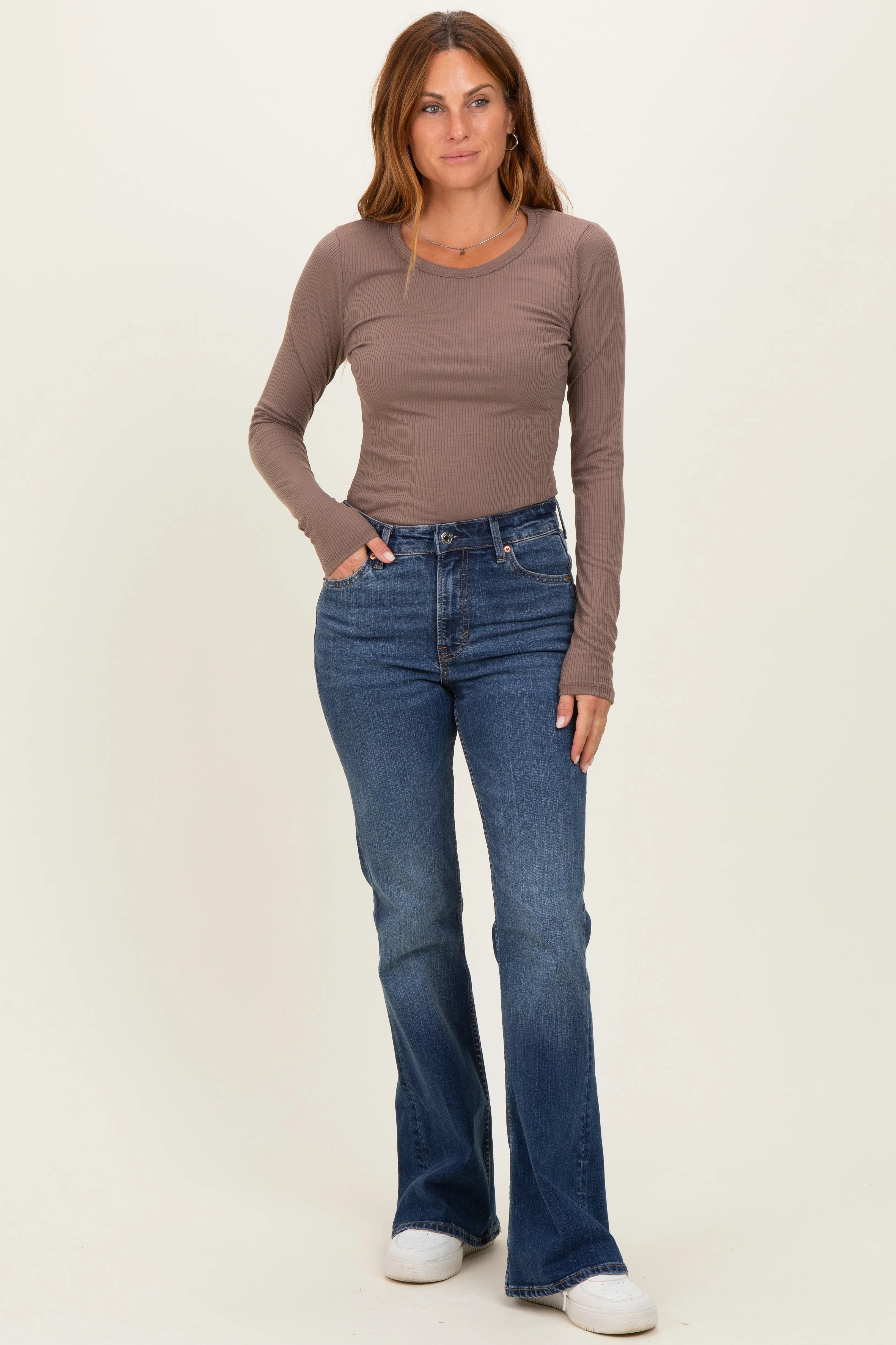 Mocha Solid Ribbed Long Sleeve Round Neck Tunic Top sold by Pinkblush product image thumbnail 3
