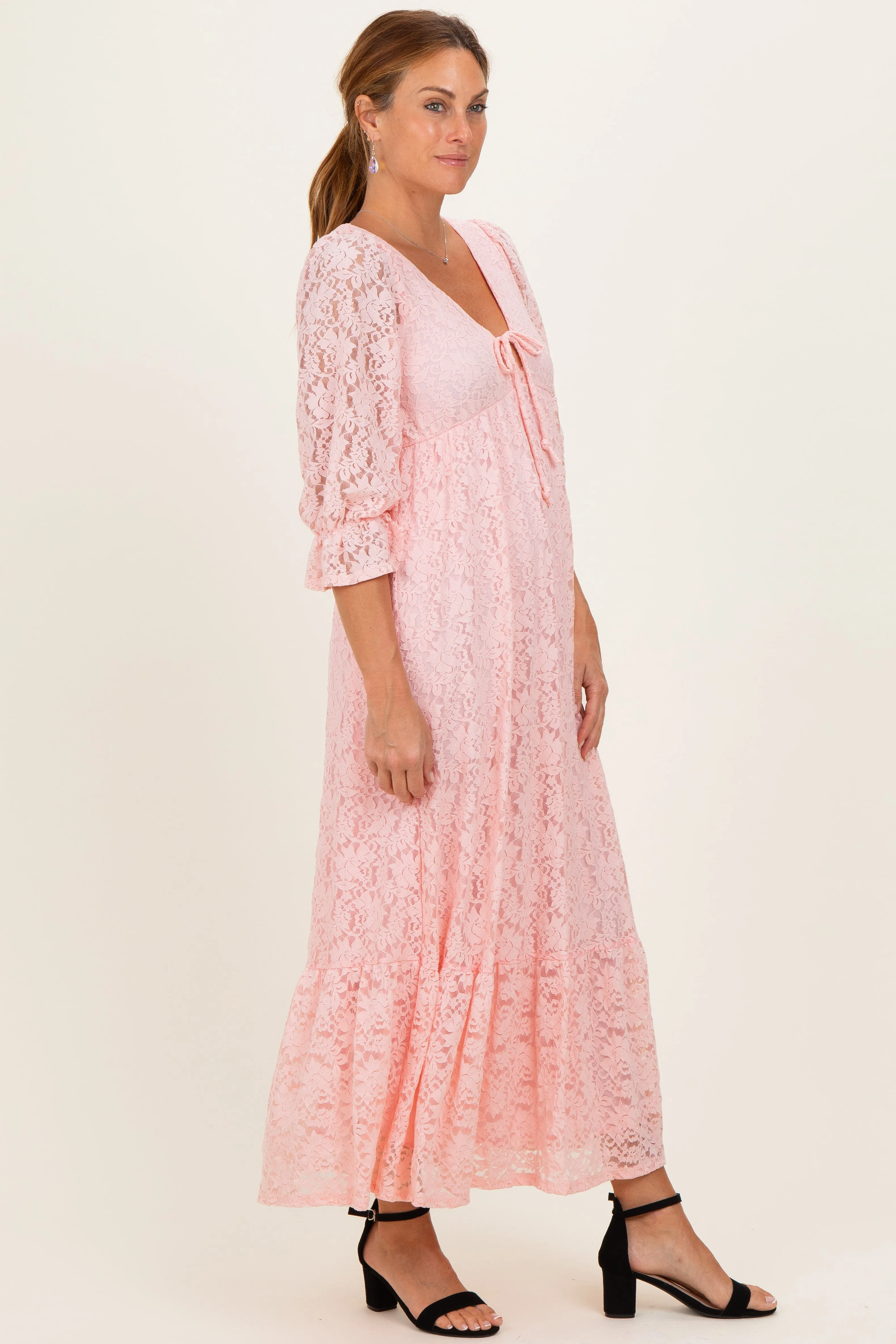 Light Pink Floral Lace 3/4 Ruffle Sleeve V-Neck Maxi Dress sold by Pinkblush product image thumbnail 2