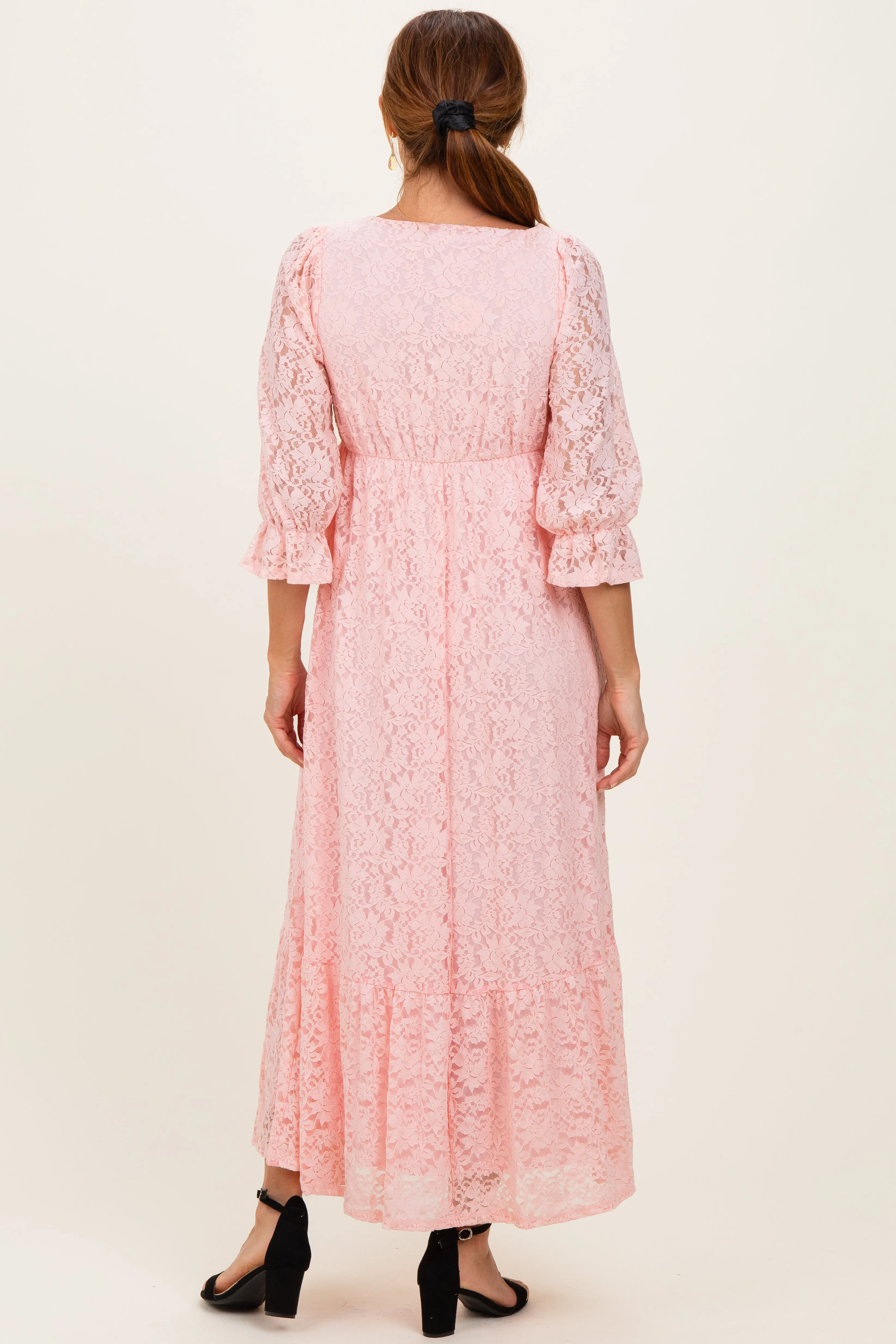Light Pink Floral Lace 3/4 Ruffle Sleeve V-Neck Maxi Dress sold by Pinkblush product image thumbnail 3