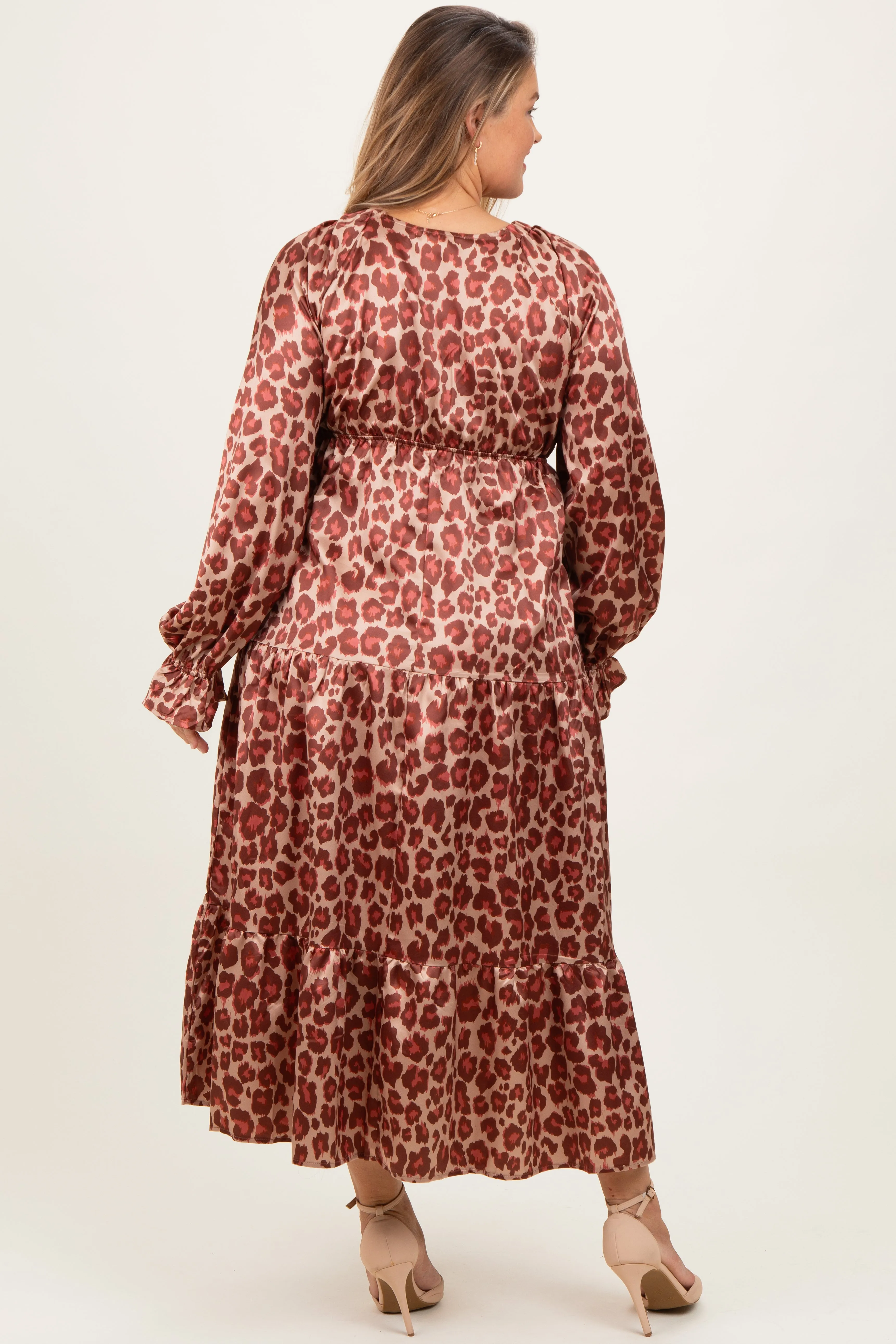 Taupe/Rust Satin Leopard Tiered Side Pocket Plus Maternity Maxi Dress sold by Pinkblush product image thumbnail 3