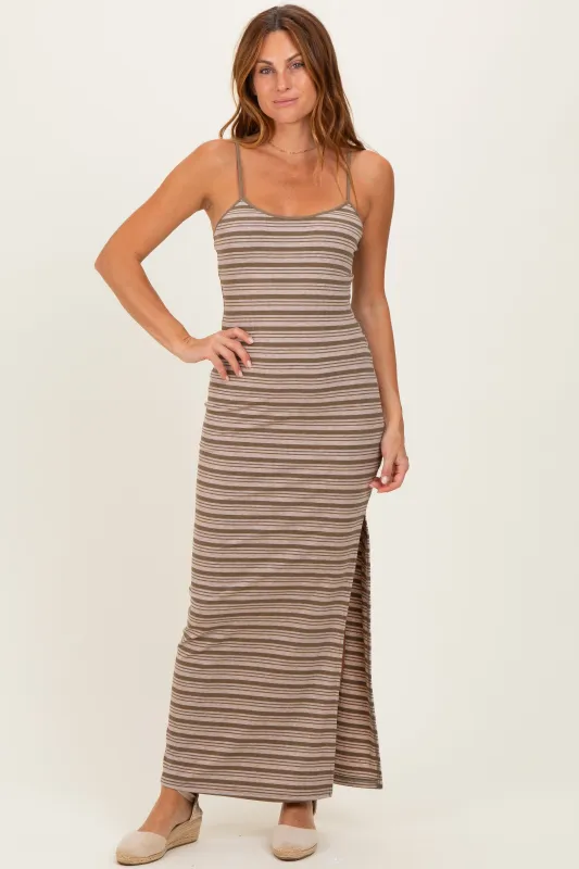 Taupe Striped Ribbed Sleeveless Side Slit Maxi Dress made by Pretty Garbage