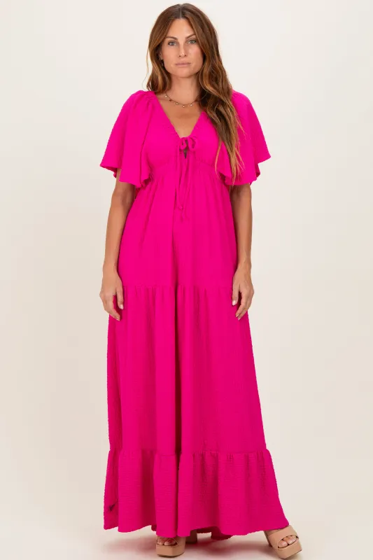 Fuchisa Woven Textured Flutter Sleeve V-Neck Tiered Maxi Dress made by Pinkblush