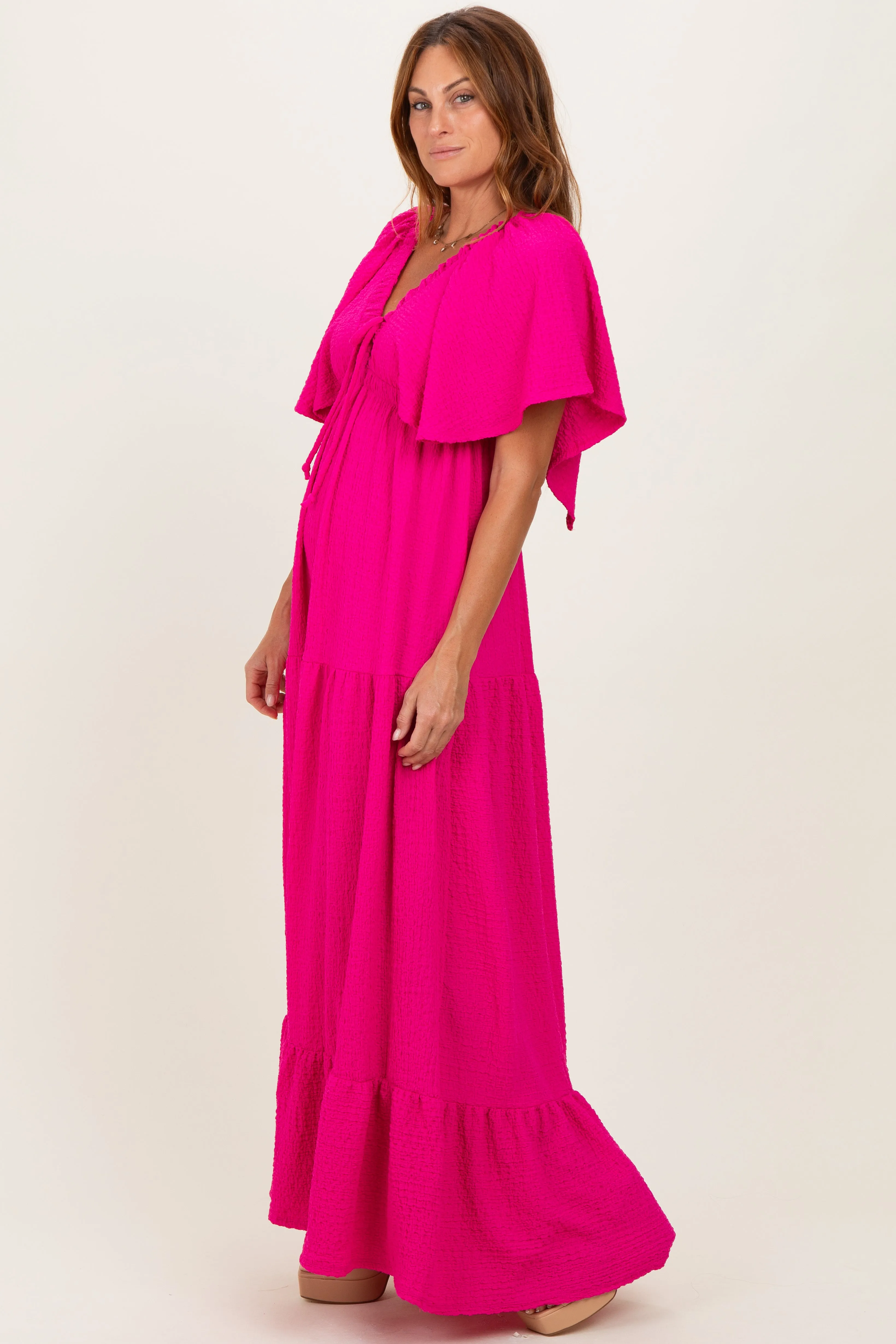 Fuchisa Woven Textured Flutter Sleeve V-Neck Tiered Maxi Dress sold by Pinkblush product image thumbnail 2