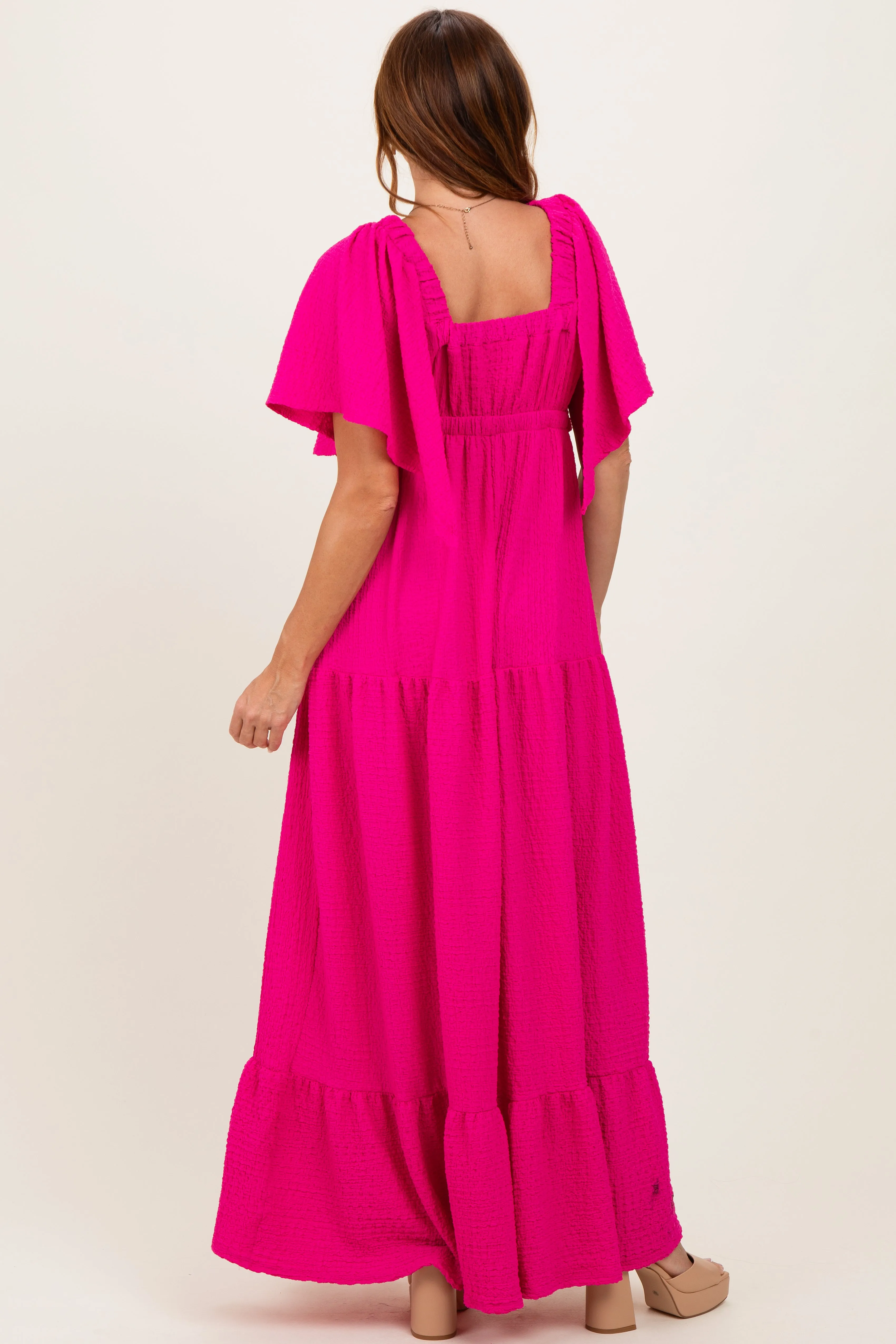 Fuchisa Woven Textured Flutter Sleeve V-Neck Tiered Maxi Dress sold by Pinkblush product image thumbnail 3